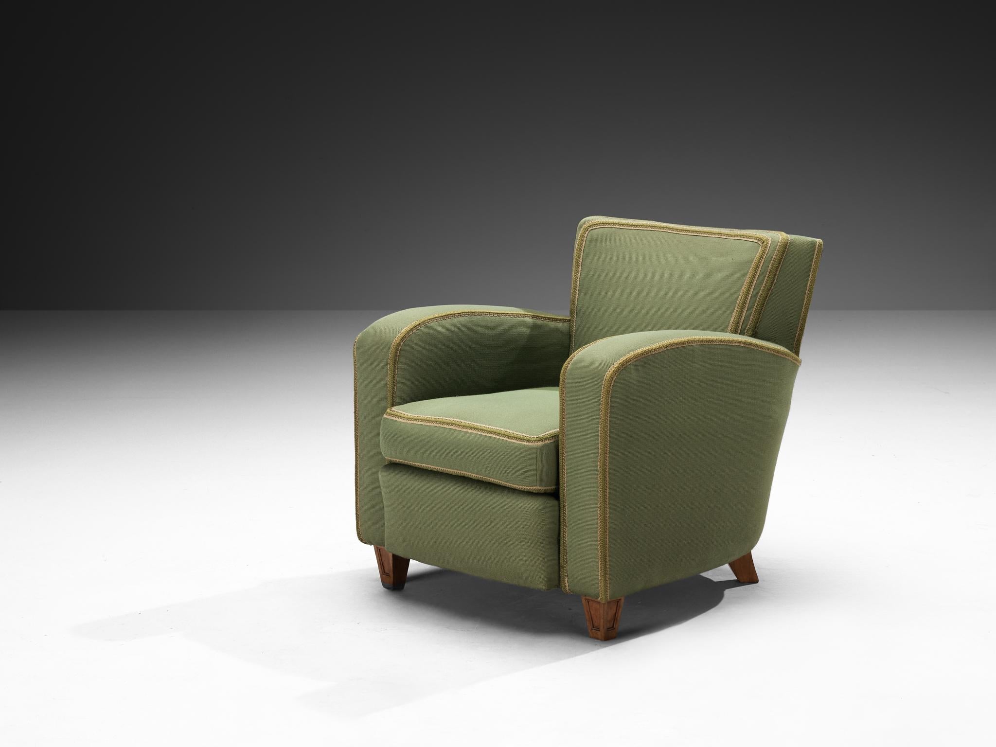 1940s Pair of Italian Lounge Chairs in Muted Green Upholstery and Walnut