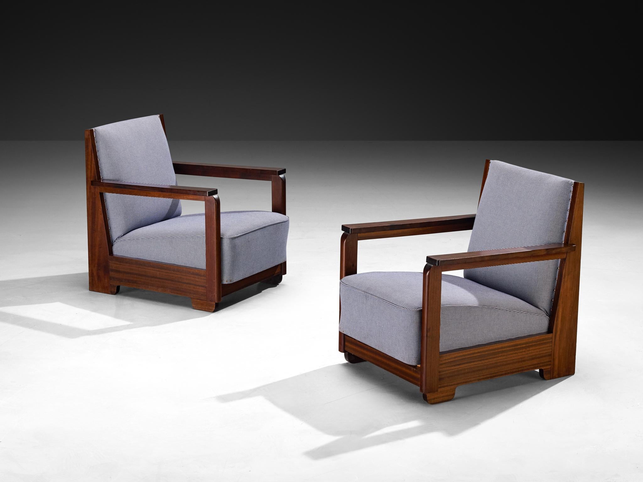 Art Deco Lounge Chairs in Mahogany and Checkered Fabric