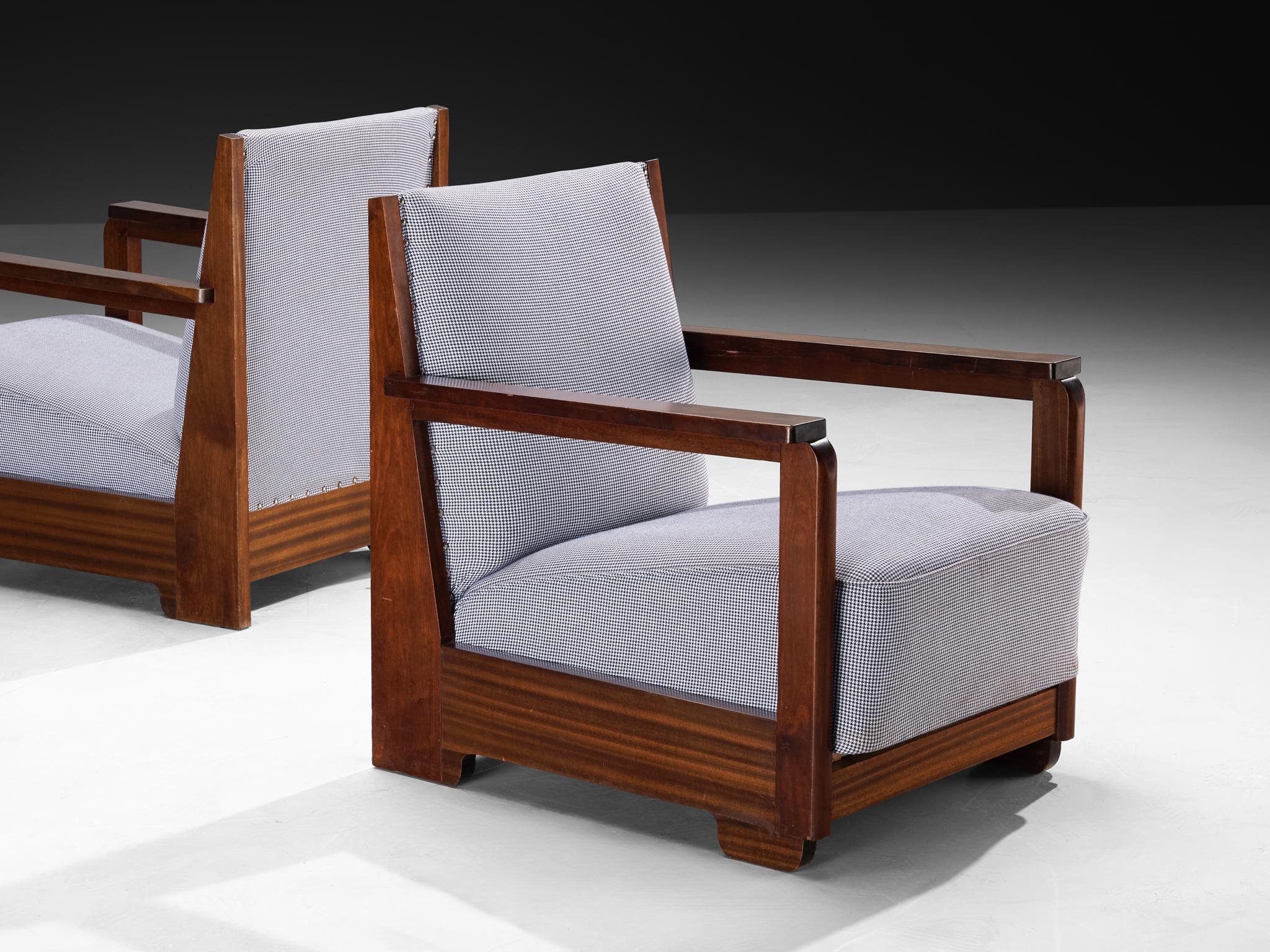 Art Deco Lounge Chairs in Mahogany and Checkered Fabric