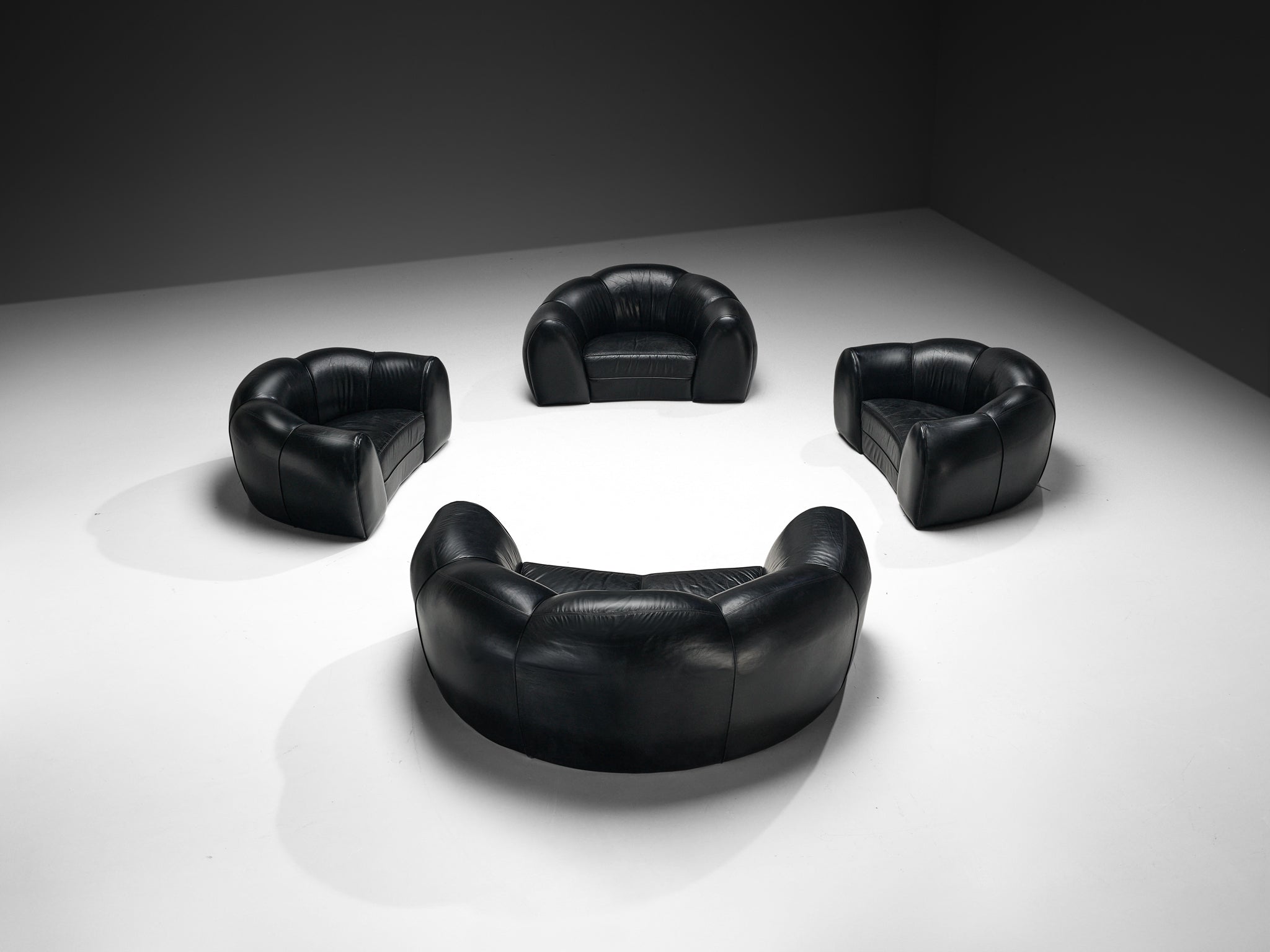 French Bulbous Croissant Shaped Sofa and Lounge Chairs in Black Leather