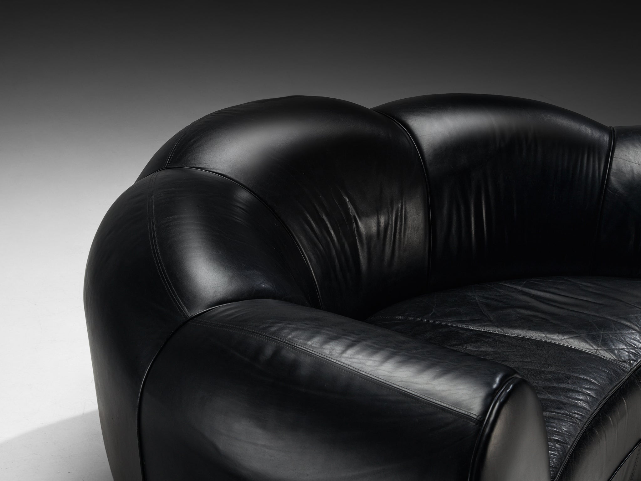 French Bulbous Croissant Shaped Sofa and Lounge Chairs in Black Leather