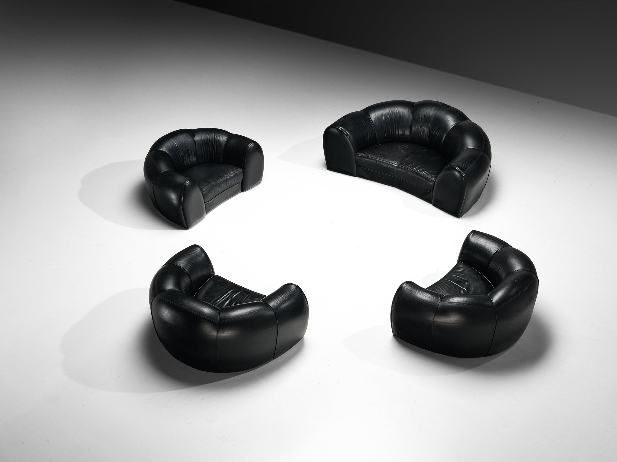 French Bulbous Croissant Shaped Sofa and Lounge Chairs in Black Leather