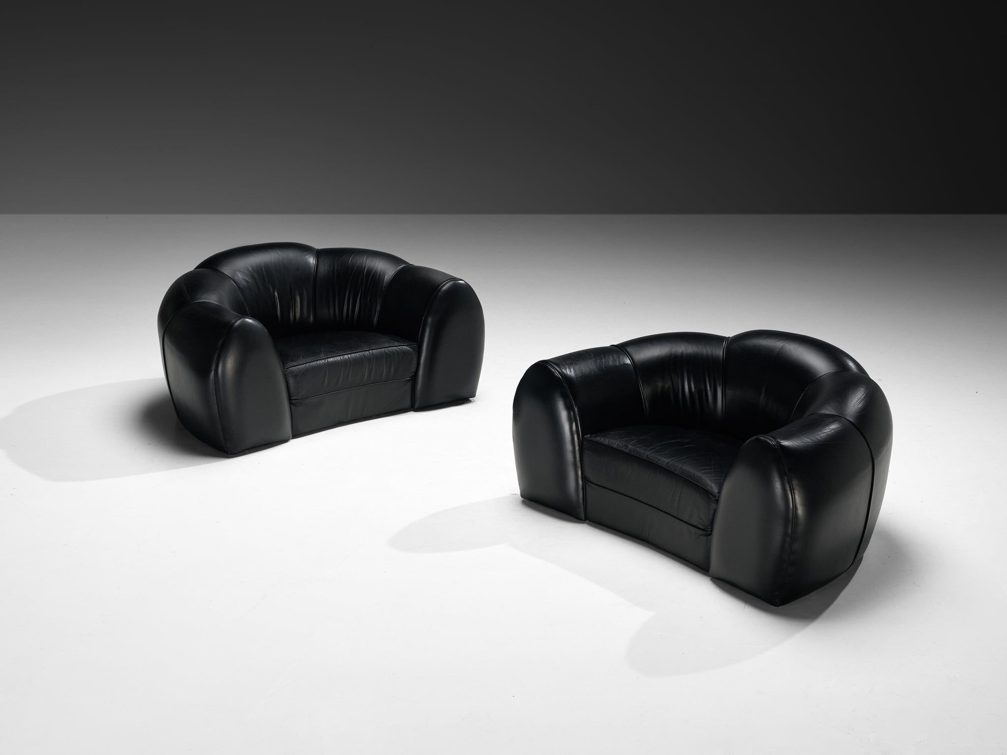 French Bulbous Croissant Shaped Sofa and Lounge Chairs in Black Leather