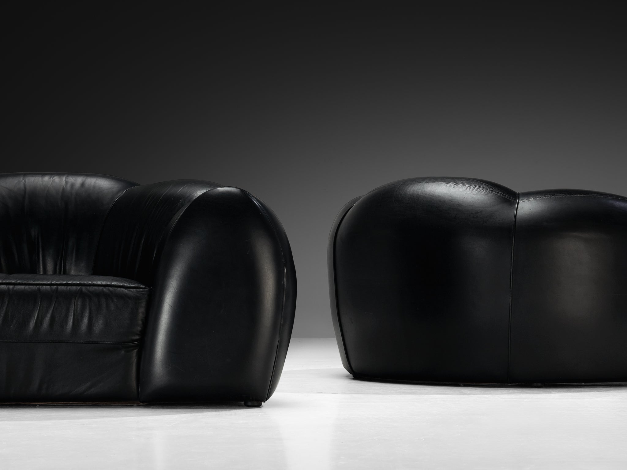 French Bulbous Croissant Shaped Sofa and Lounge Chairs in Black Leather