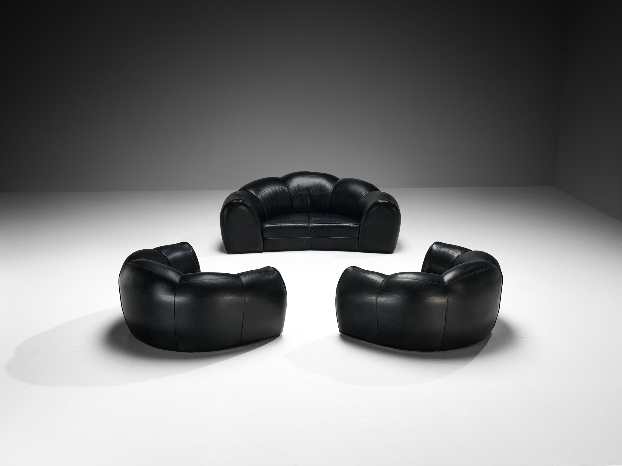 French Bulbous Croissant Shaped Sofa and Lounge Chairs in Black Leather