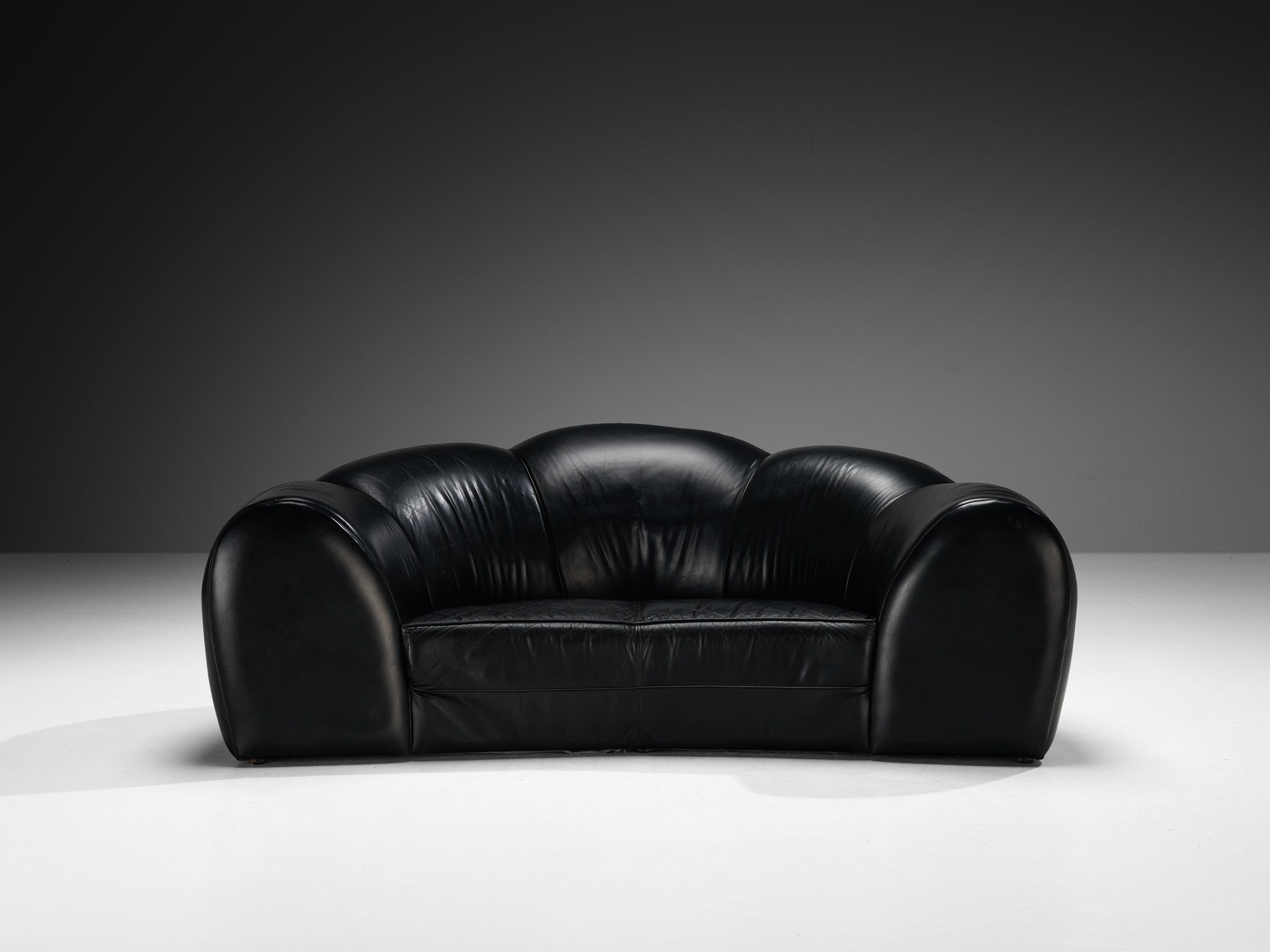 French Bulbous Croissant Shaped Sofa and Lounge Chairs in Black Leather