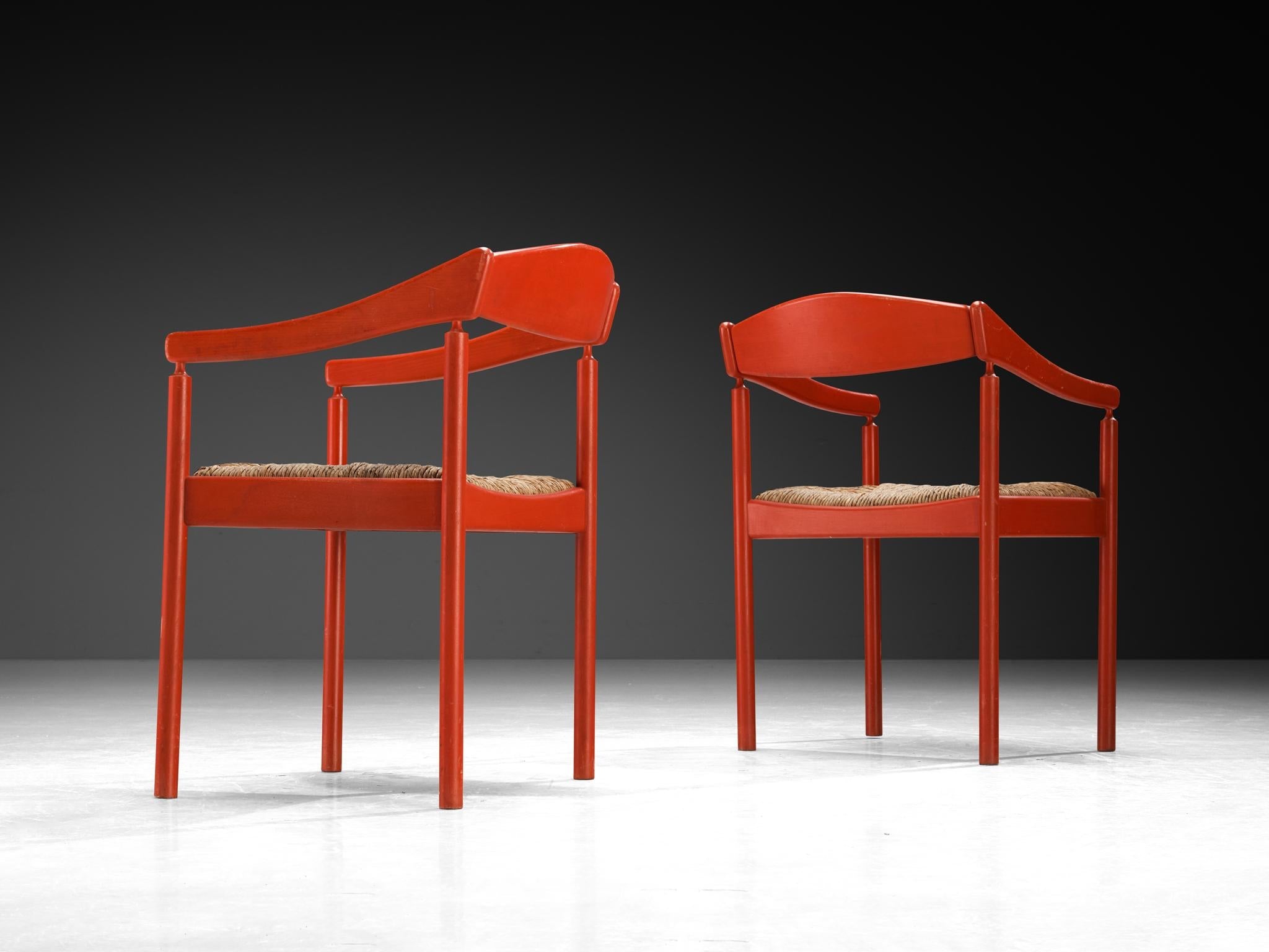 Thonet Pair of Armchairs with Red Lacquered Frame and Rush Seats