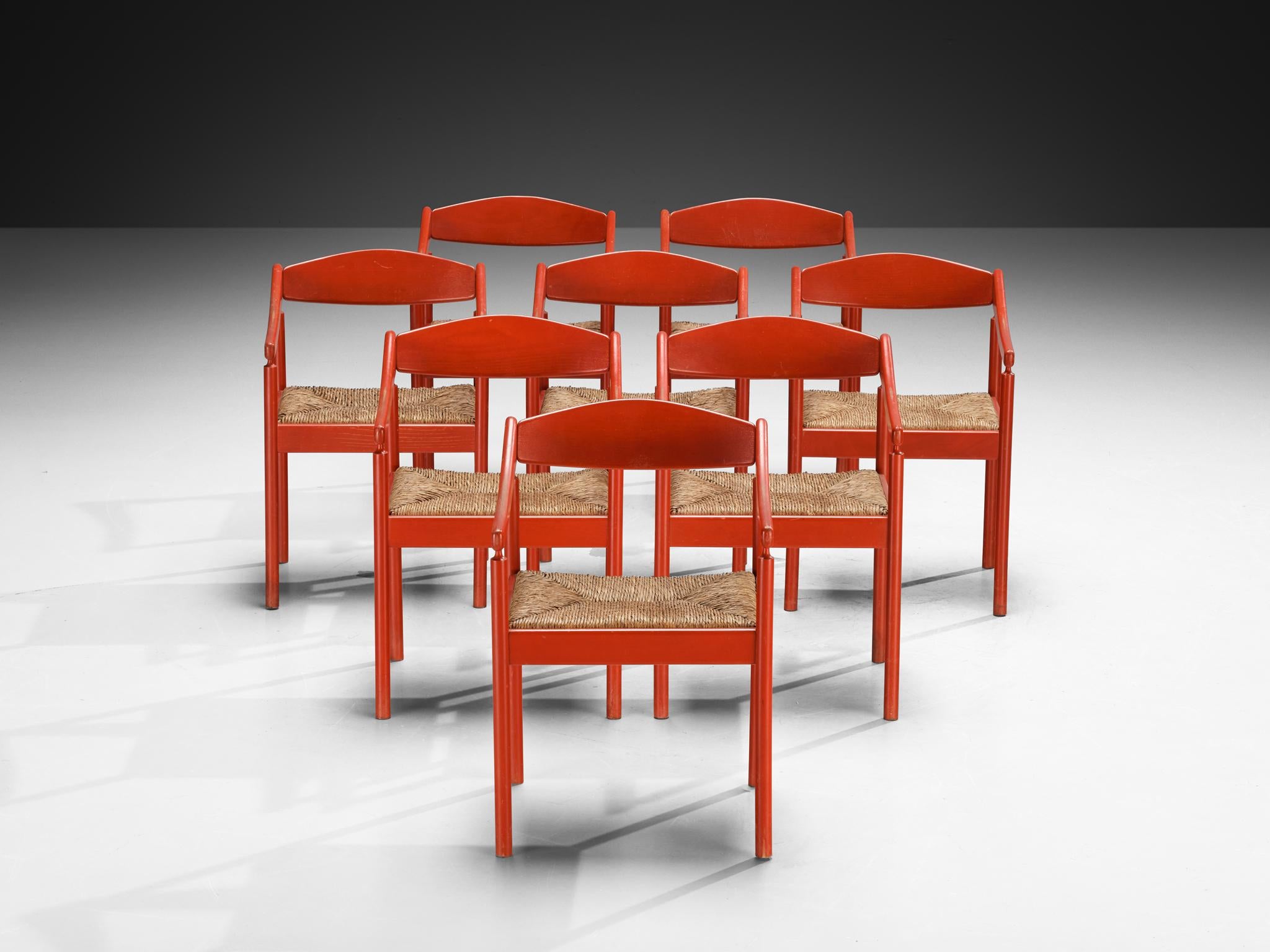 Thonet Set of Eight Armchairs with Red Lacquered Frame and Rush Seats