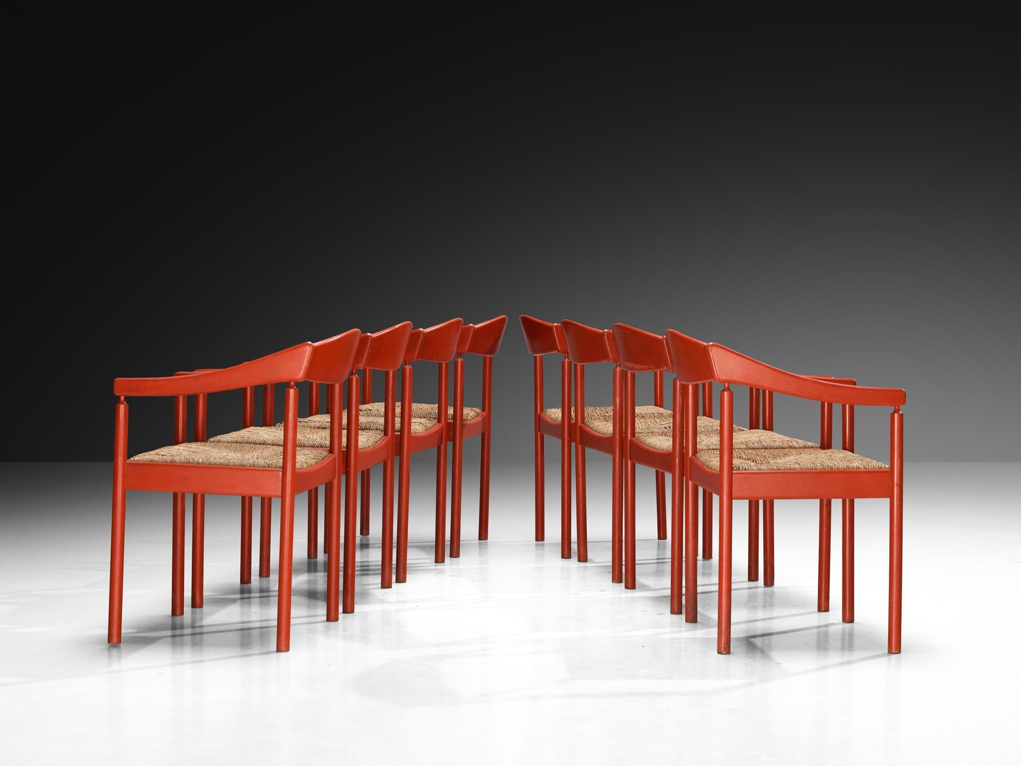 Thonet Set of Eight Armchairs with Red Lacquered Frame and Rush Seats