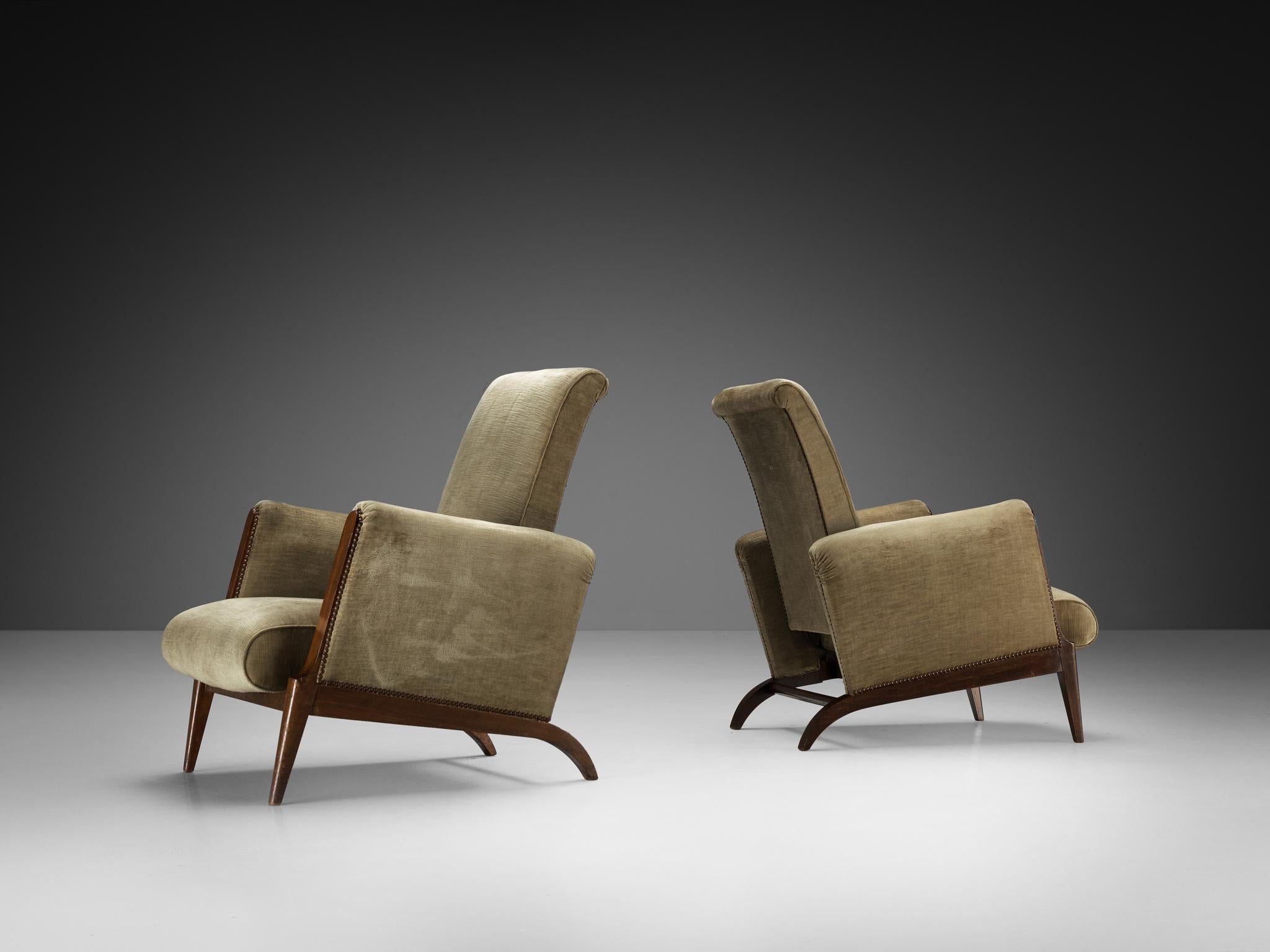 French Mid-Century modern Pair of Lounge Chairs in Olive Green Velvet