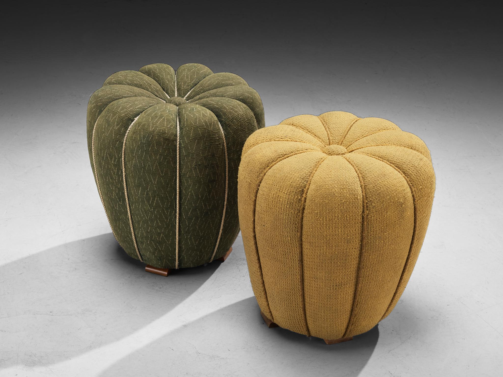 Jindrich Halabala Stools in Decorative Yellow and Green Upholstery