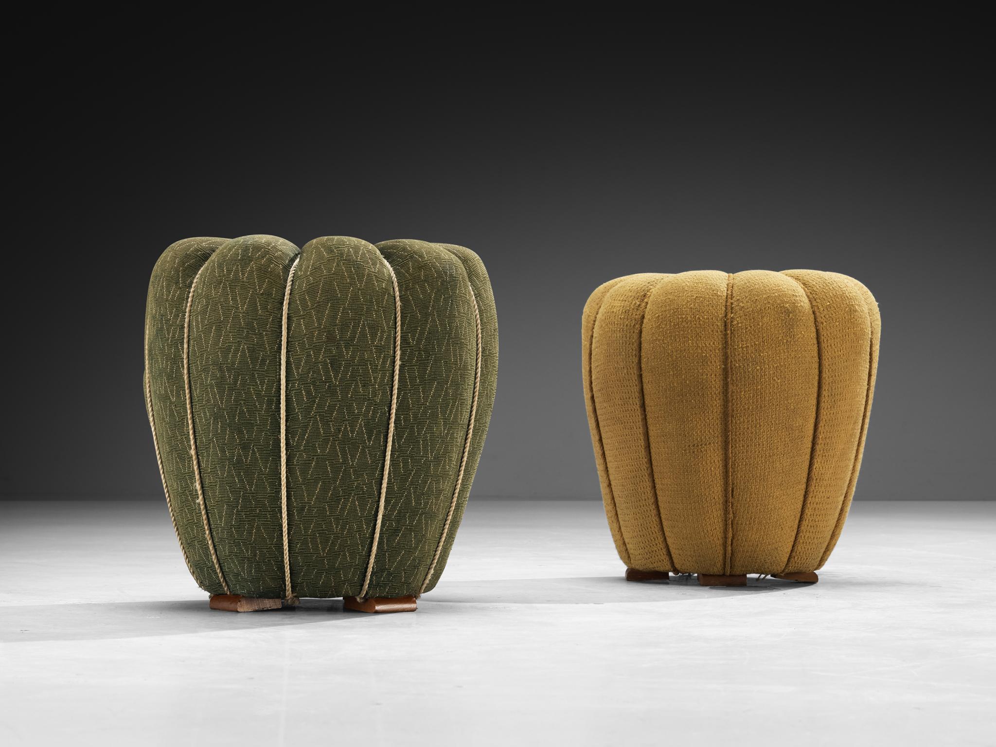 Jindrich Halabala Stools in Decorative Yellow and Green Upholstery