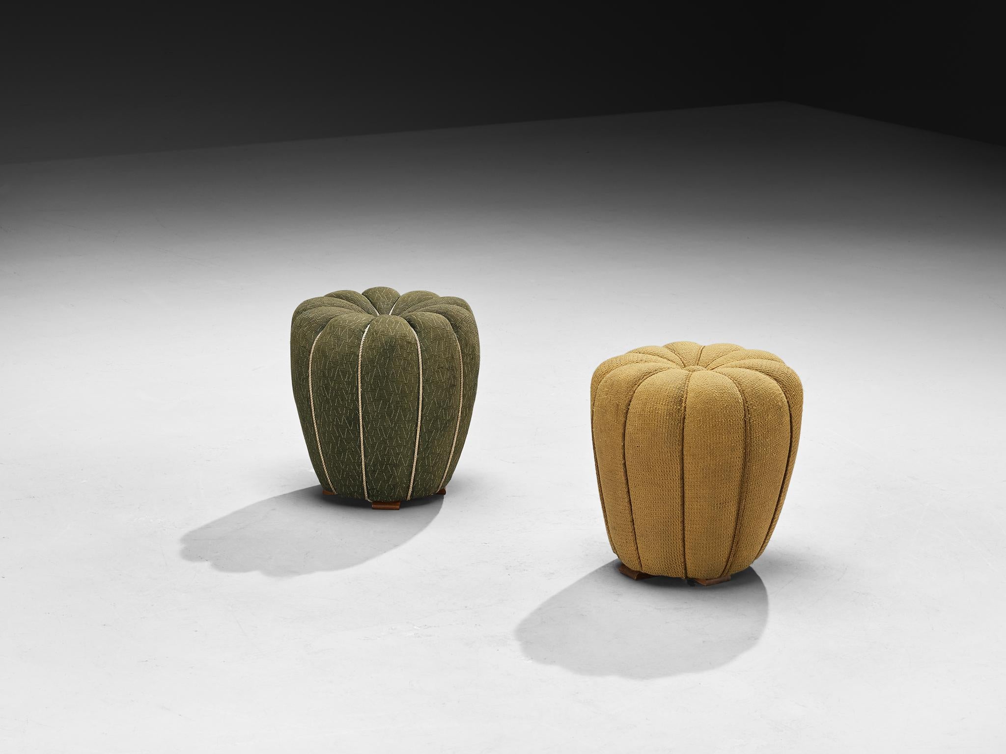 Jindrich Halabala Stools in Decorative Yellow and Green Upholstery