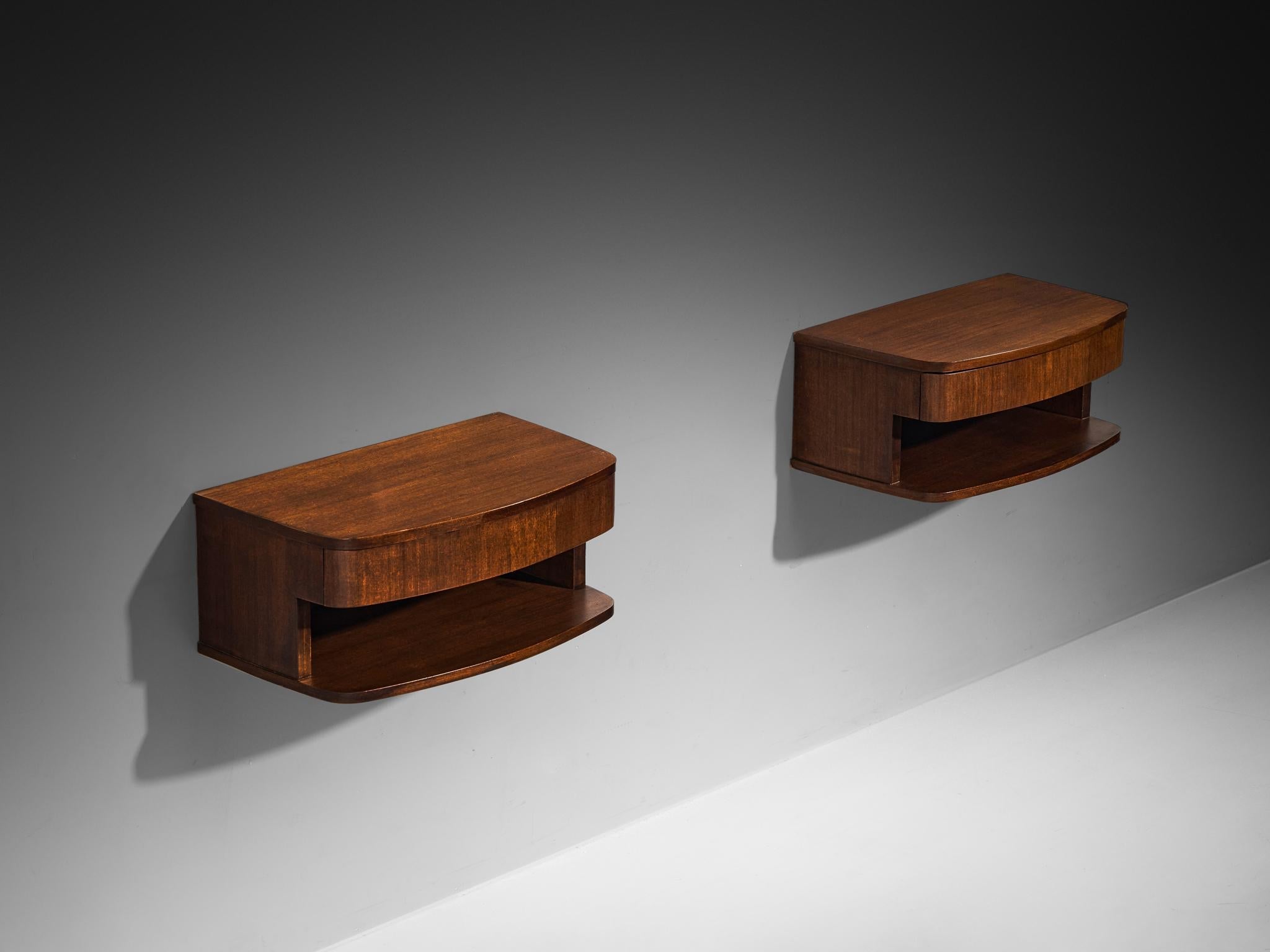 Italian Wall-Mounted Bedside Tables in Walnut