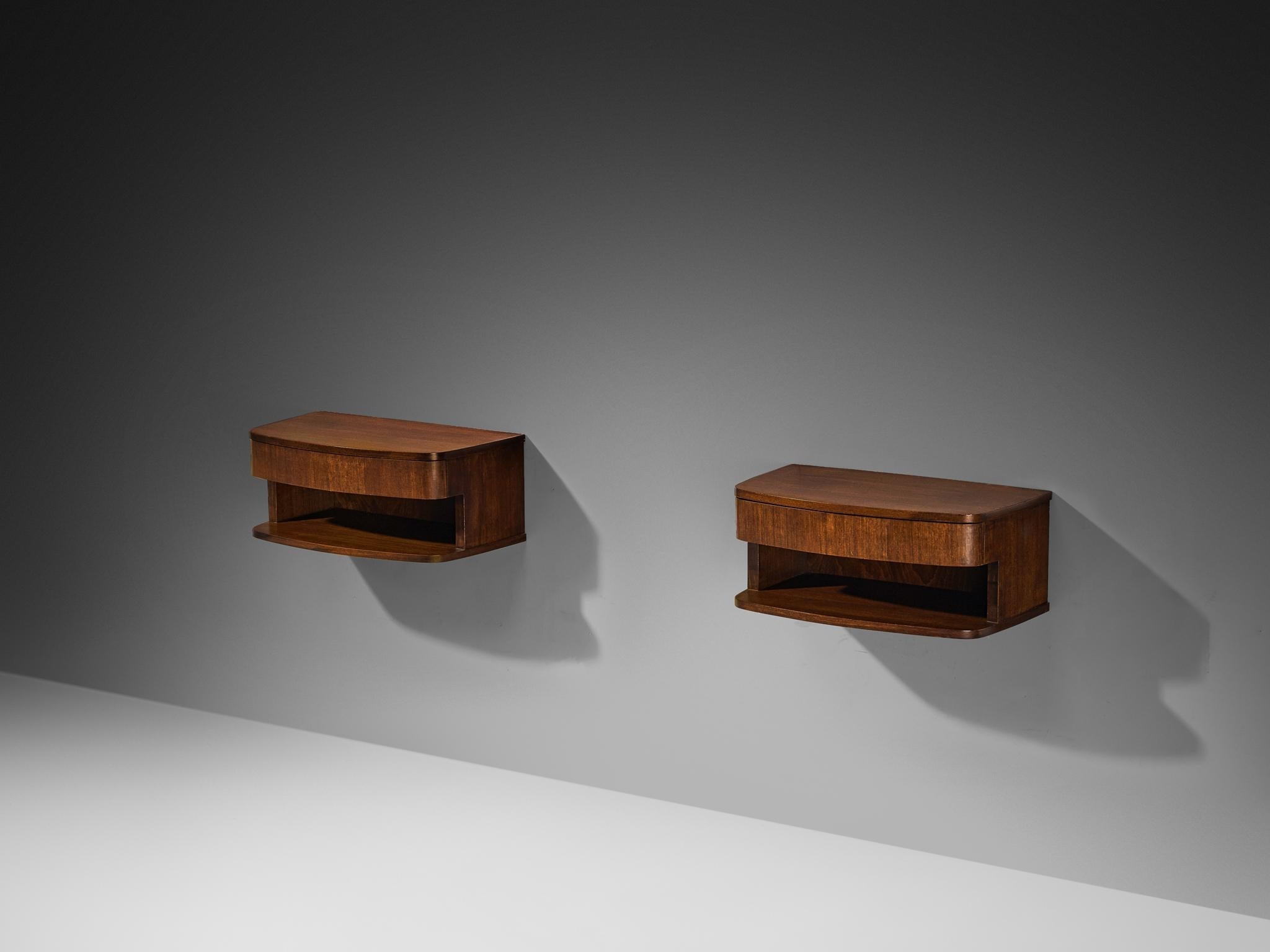 Italian Wall-Mounted Bedside Tables in Walnut