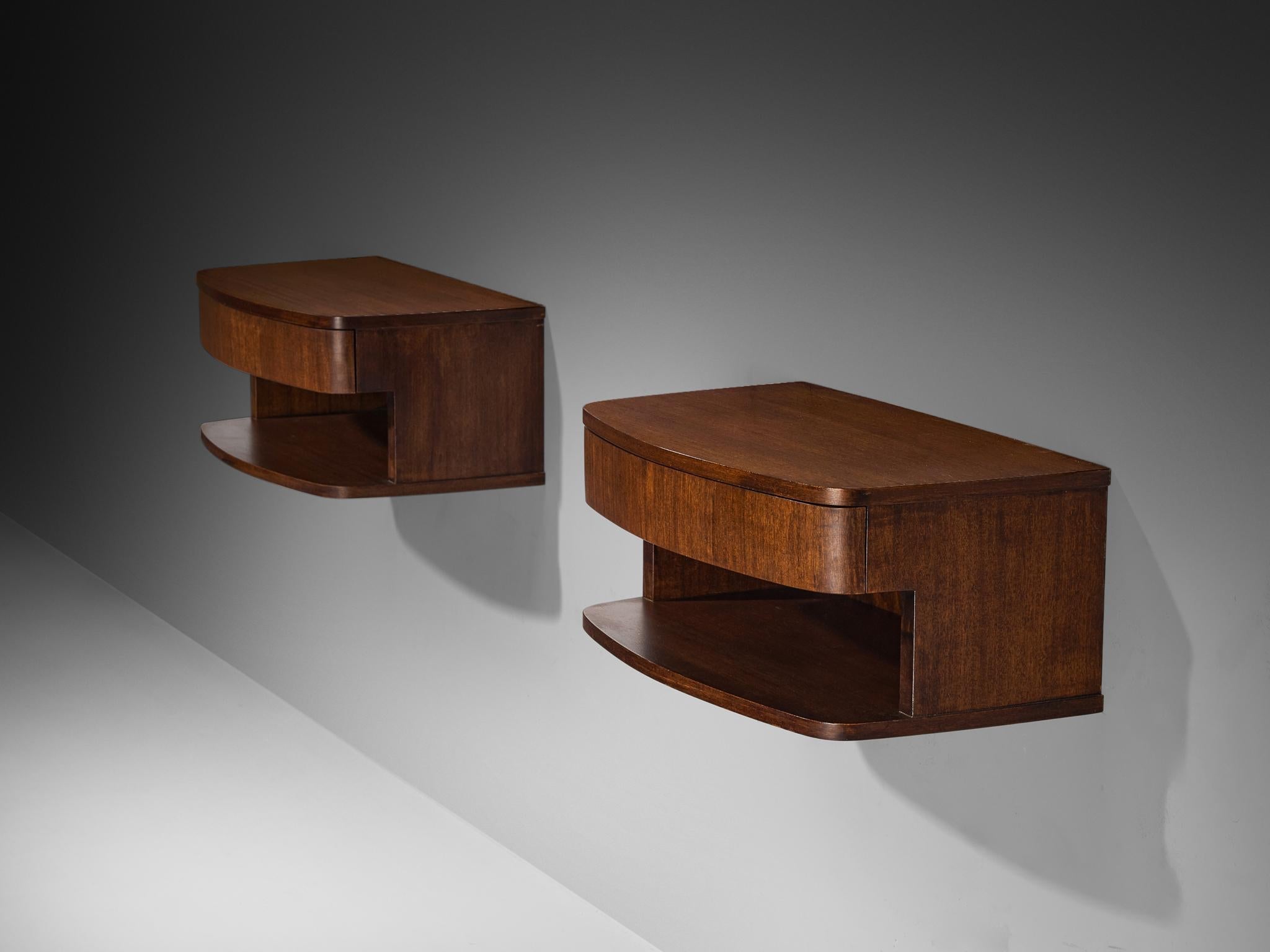 Italian Wall-Mounted Bedside Tables in Walnut