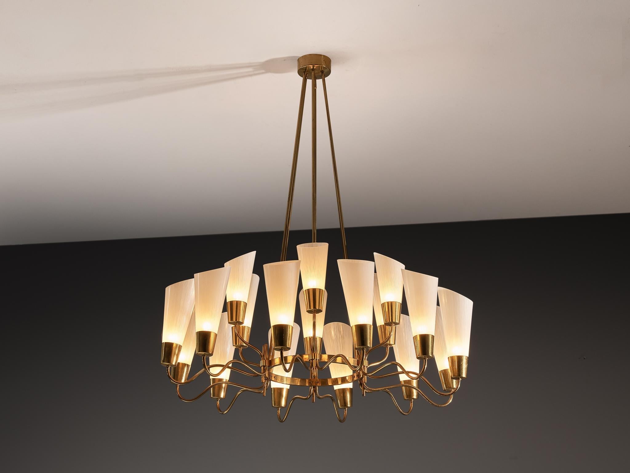 Mid-Century Modern Italian Chandelier in Brass and White Frosted Glass