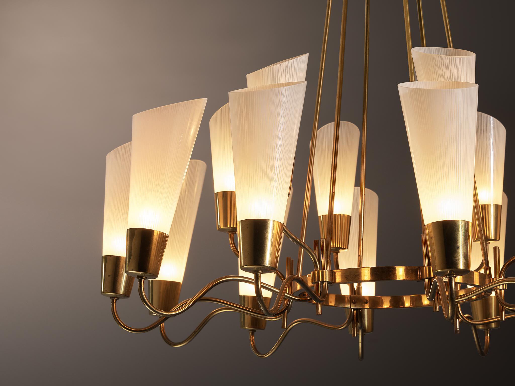 Mid-Century Modern Italian Chandelier in Brass and White Frosted Glass