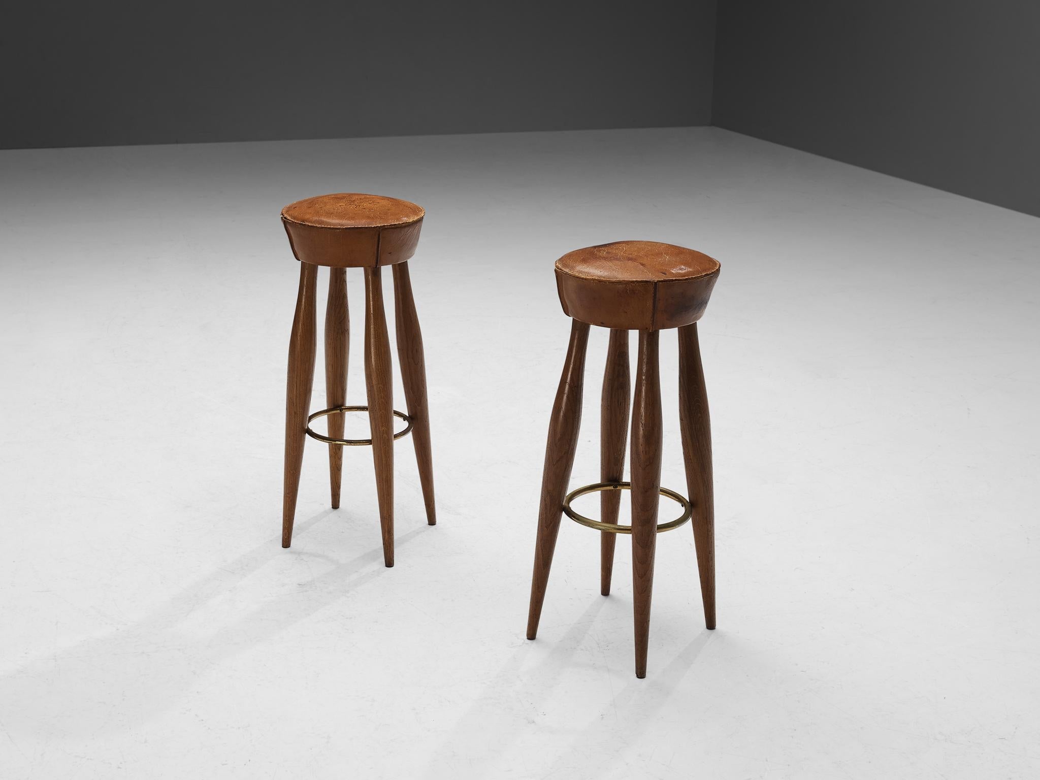 Italian Stools in Oak and Cognac Leather