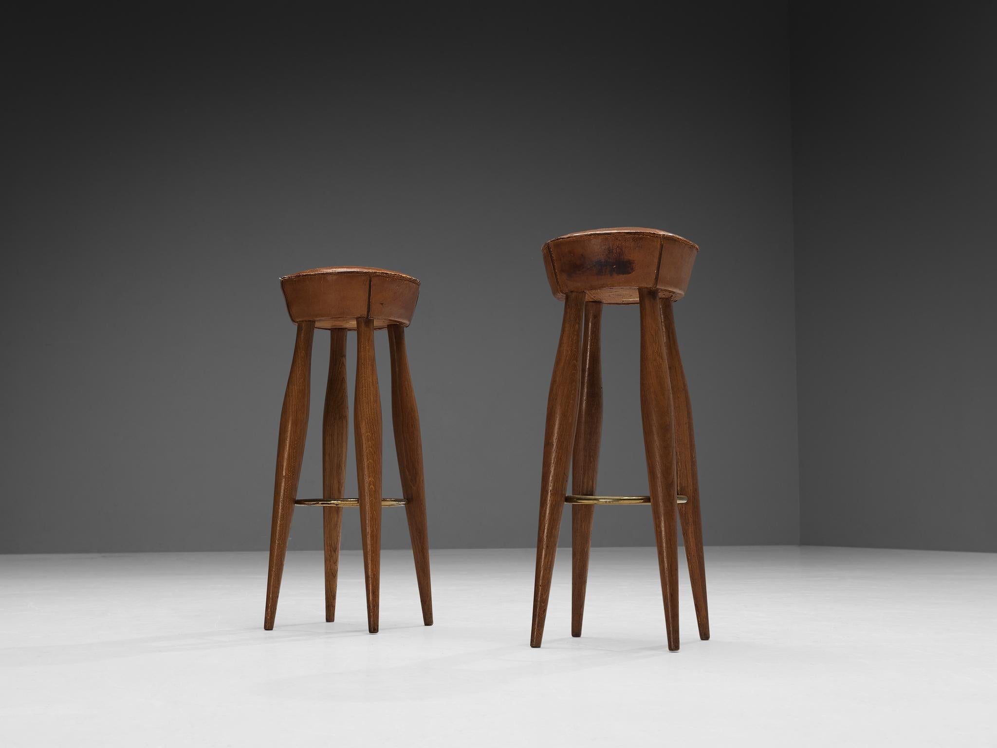 Italian Stools in Oak and Cognac Leather