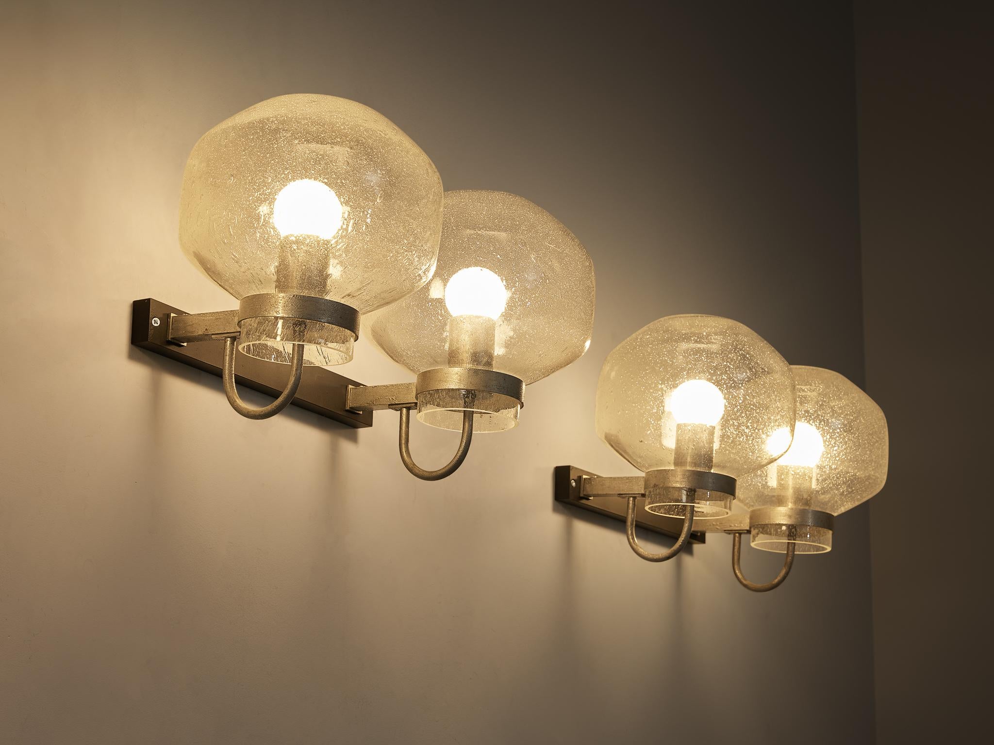 1970s Wall Lights in Silver-Colored Metal & Blown Glass