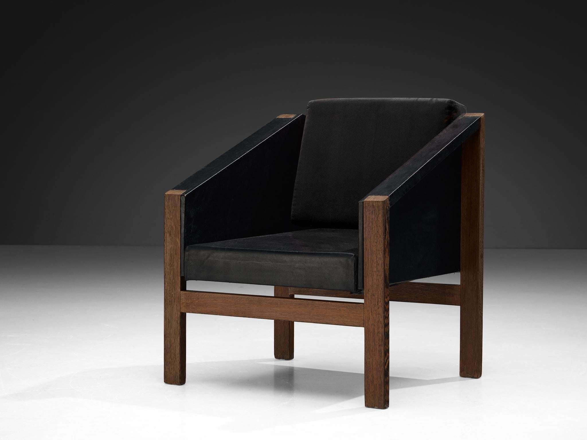 Geometric Armchair in Wengé and Black Leatherette