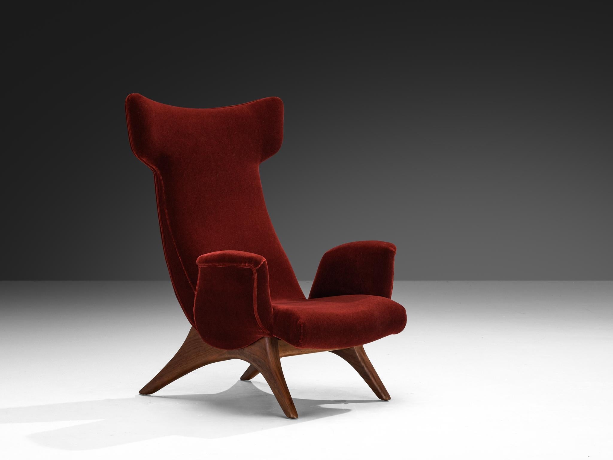 Vladimir Kagan '503' Lounge Chair in Walnut and Burgundy Red Mohair