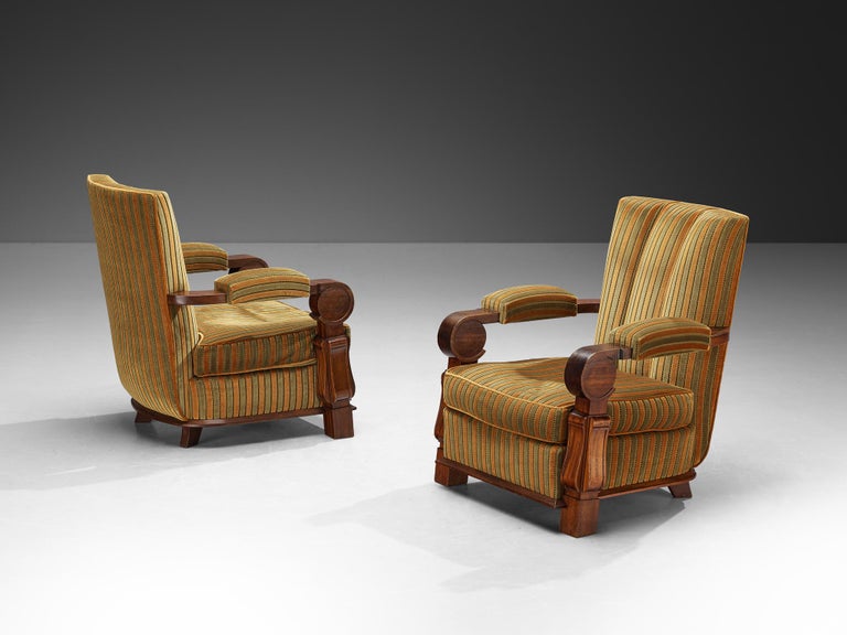 French Pair of Art Deco Lounge Chairs in Mahogany and Striped Fabric