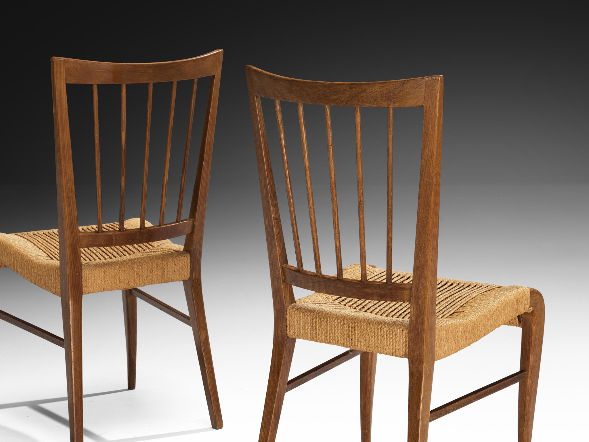 1940s French Set of Five Dining Chairs in Chestnut and Rush