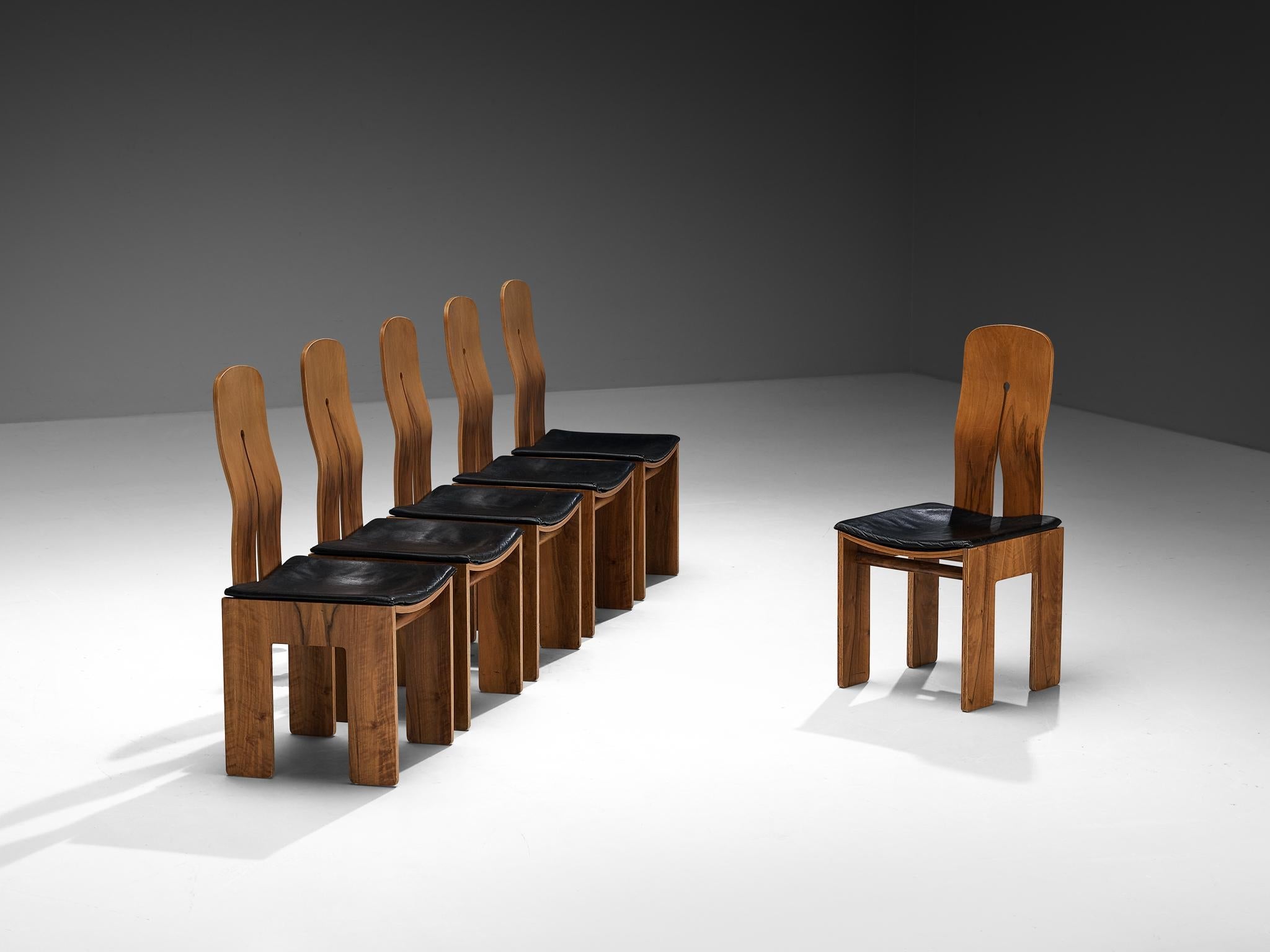 Carlo Scarpa for Bernini Set of Six Dining Chairs in Walnut and Leather