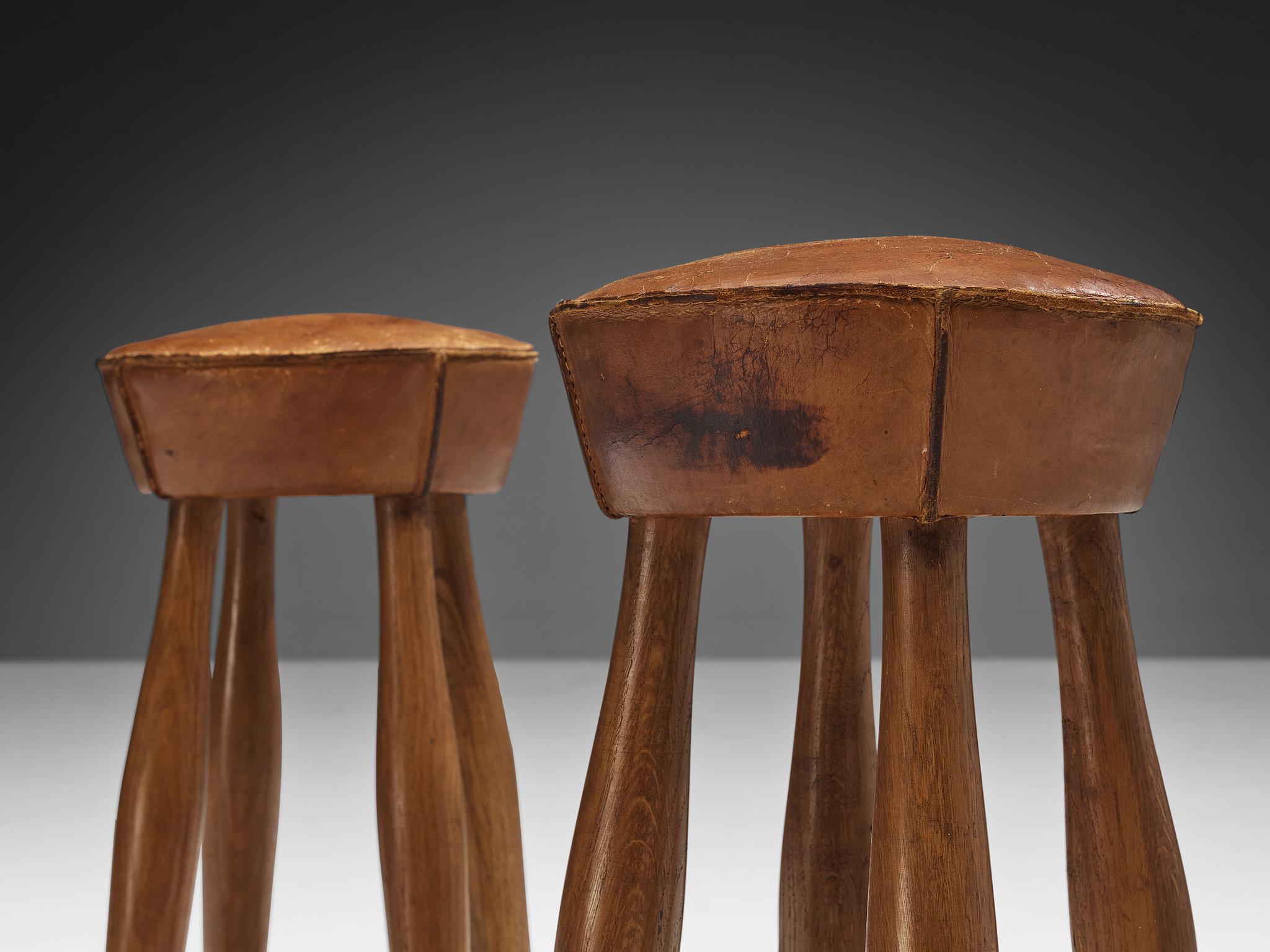 Italian Stools in Oak and Cognac Leather