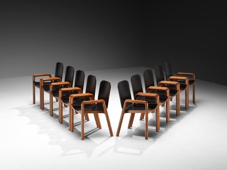 Post-Modern Italian Set of Ten Dining Chairs in Leather and Wood