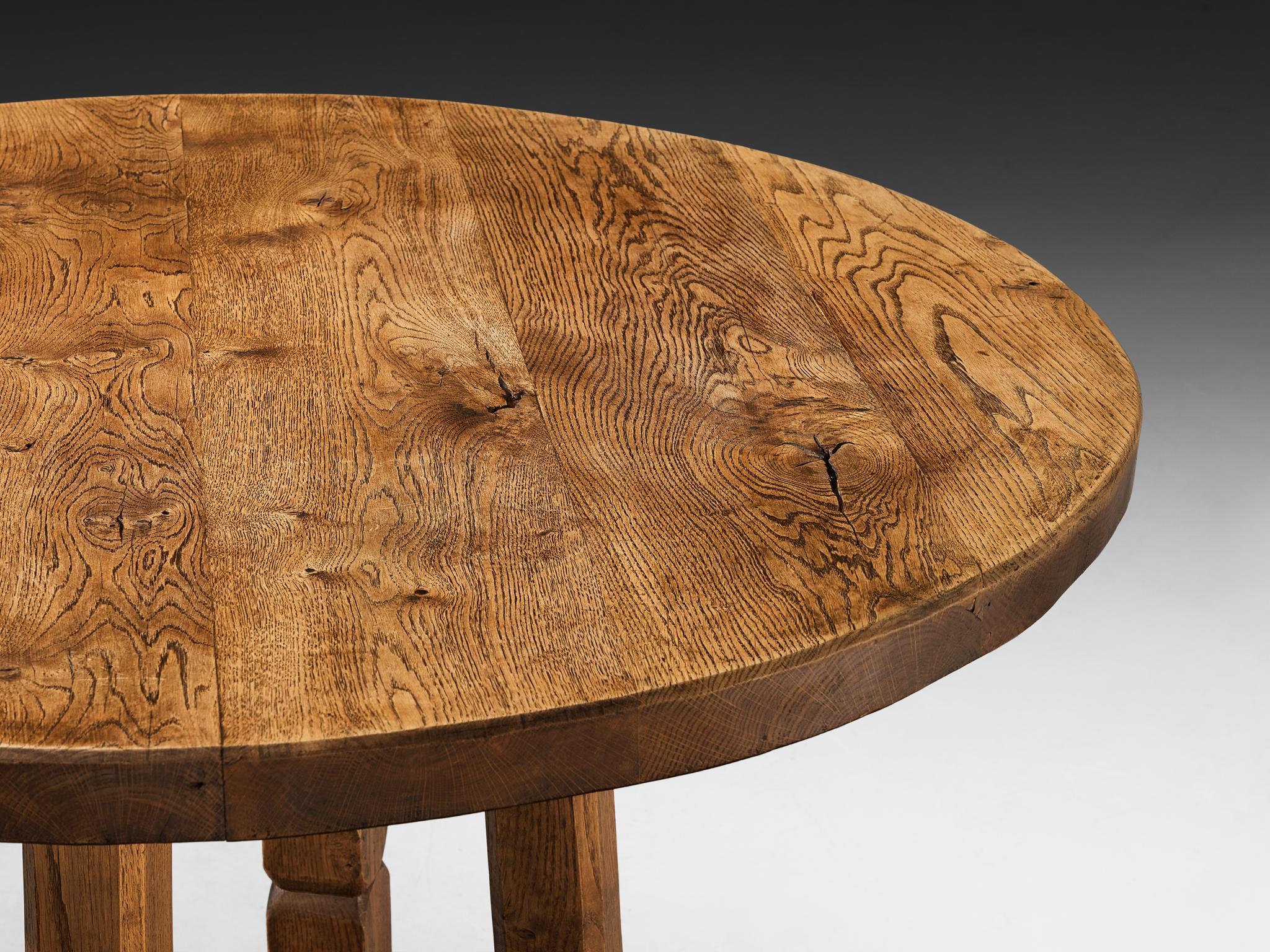 Rustic Round Dining Table in Solid Oak with Carved Base