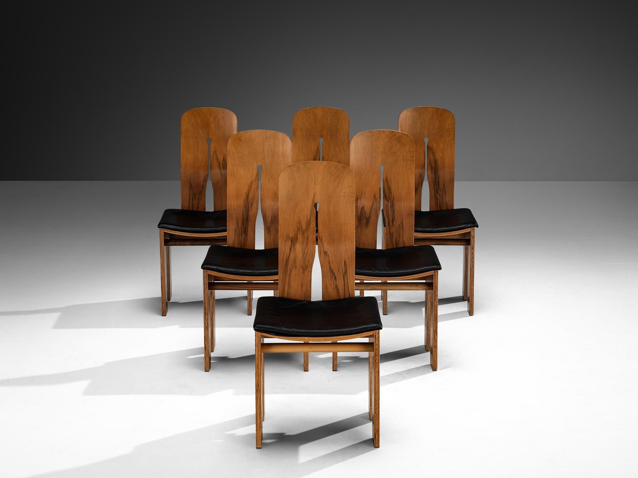 Carlo Scarpa for Bernini Set of Six Dining Chairs in Walnut and Leather