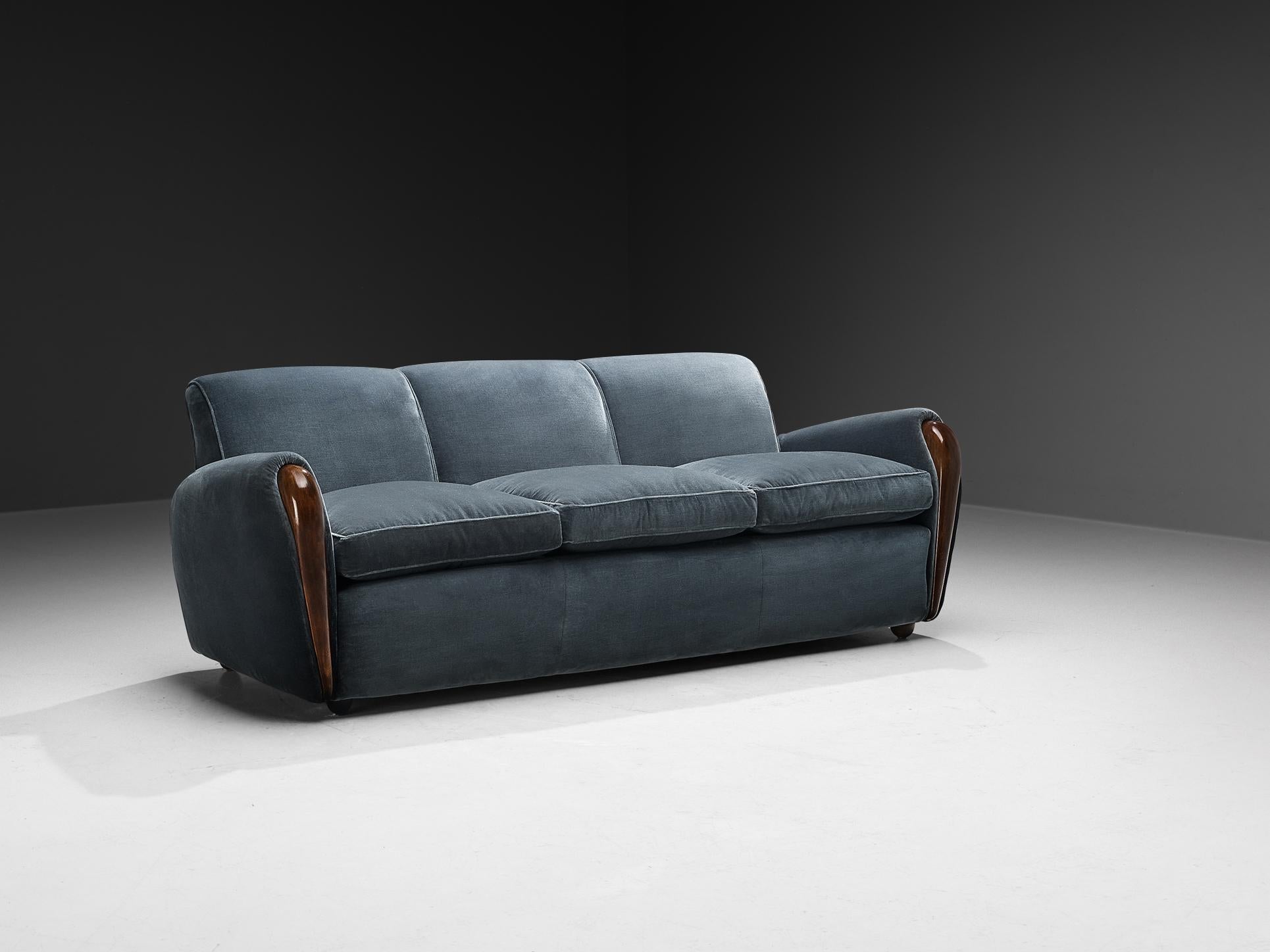 Rare Osvaldo Borsani for ABV Three-Seat Sofa in Walnut and Blue Velvet