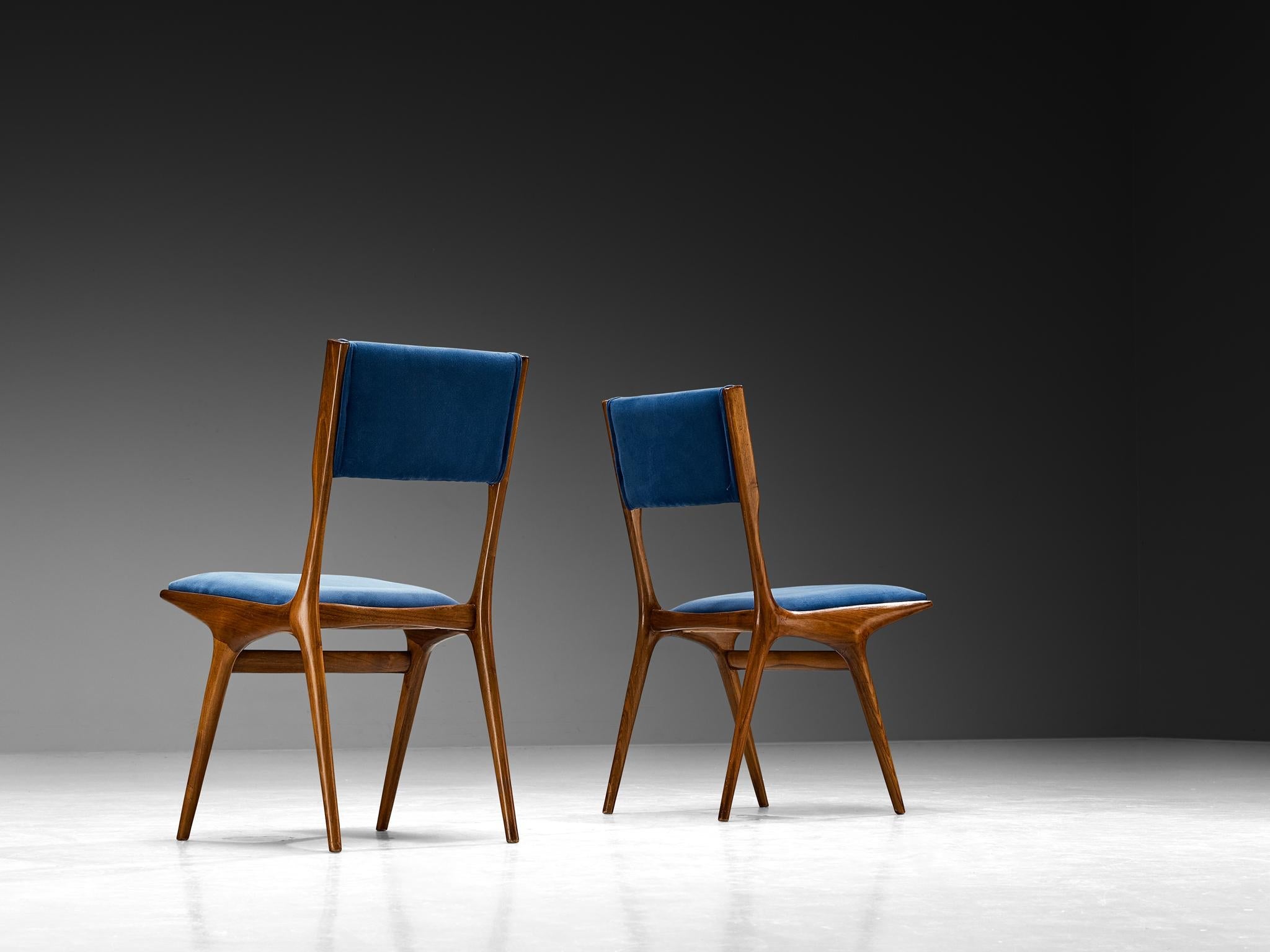 Carlo De Carli for Cassina '634' Dining Chairs Walnut and Blue Upholstery