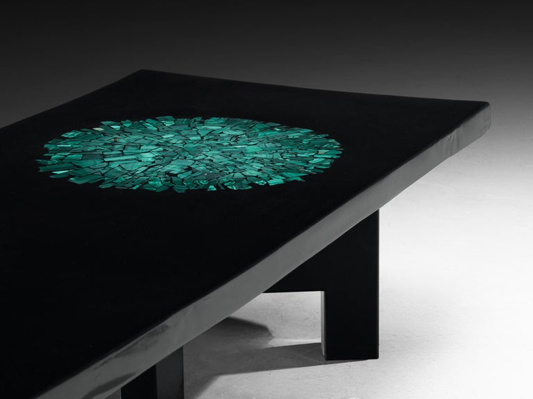 Ado Chale Black Resin Coffee Table Inlayed with Malachite