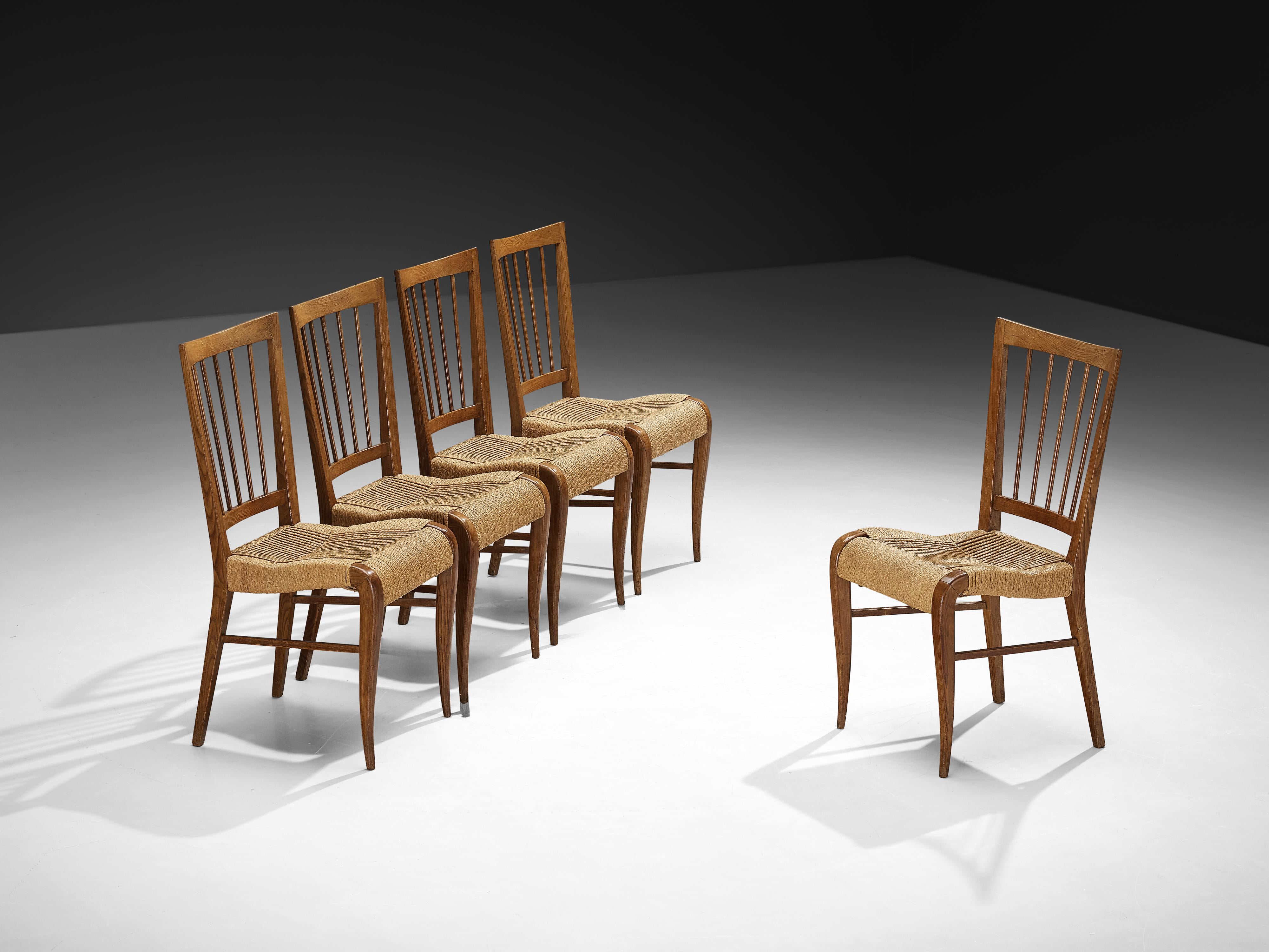 1940s French Set of Five Dining Chairs in Chestnut and Rush