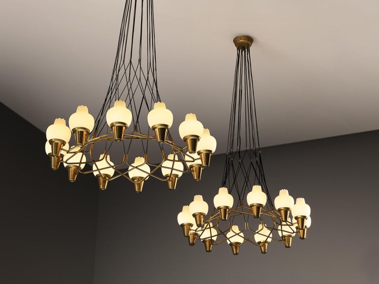 Hans Bergström for Ateljé Lyktan Chandeliers in Brass and Frosted Glass