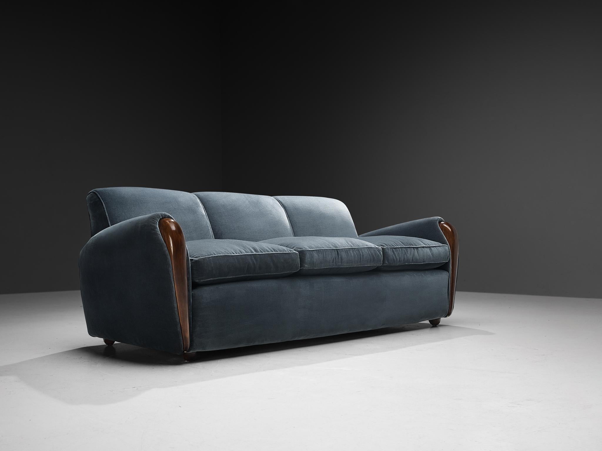 Rare Osvaldo Borsani for ABV Three-Seat Sofa in Walnut and Blue Velvet