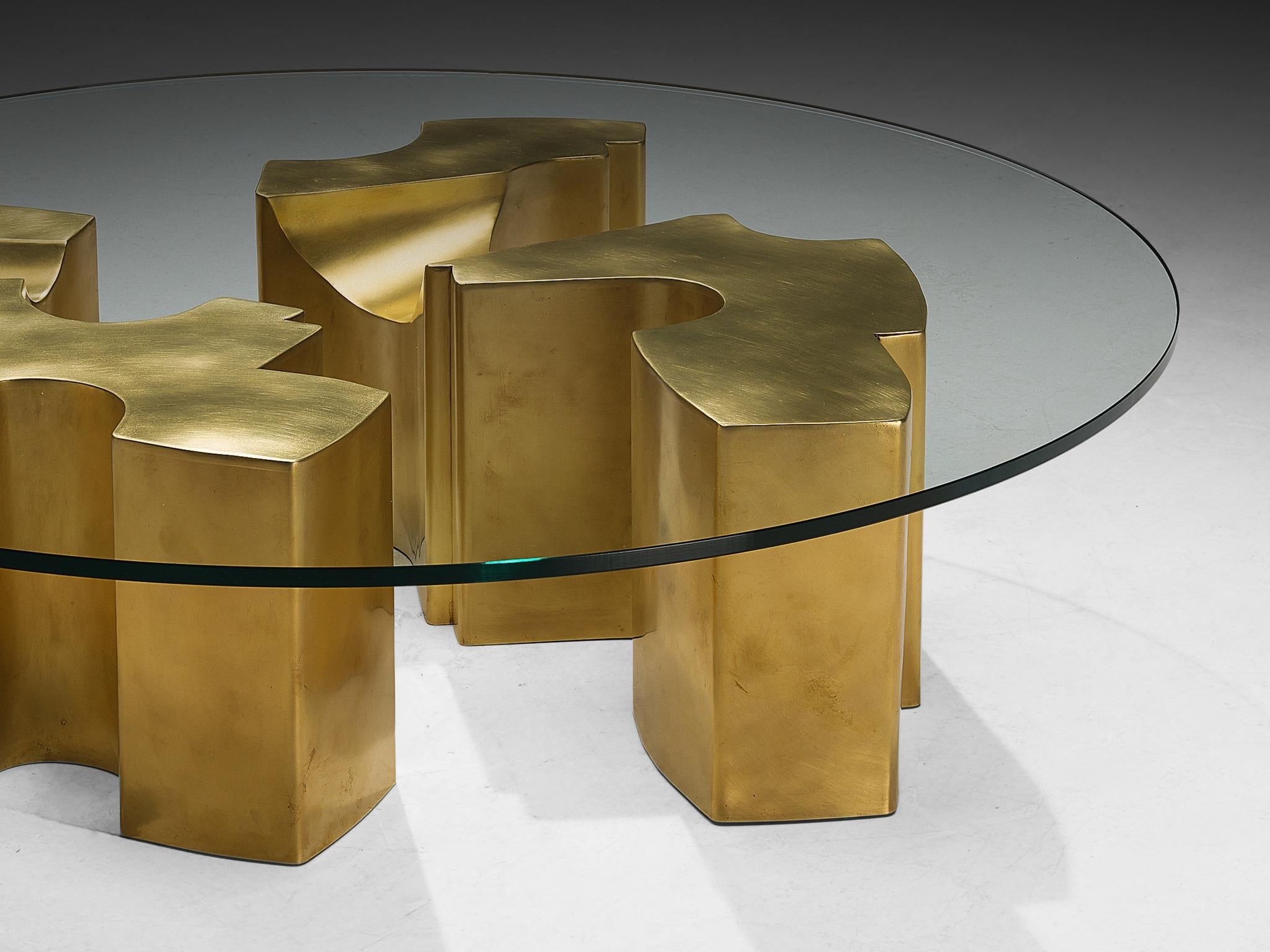 Jean Claude Dresse Coffee Table with Geometric Sculptural Base in Brass