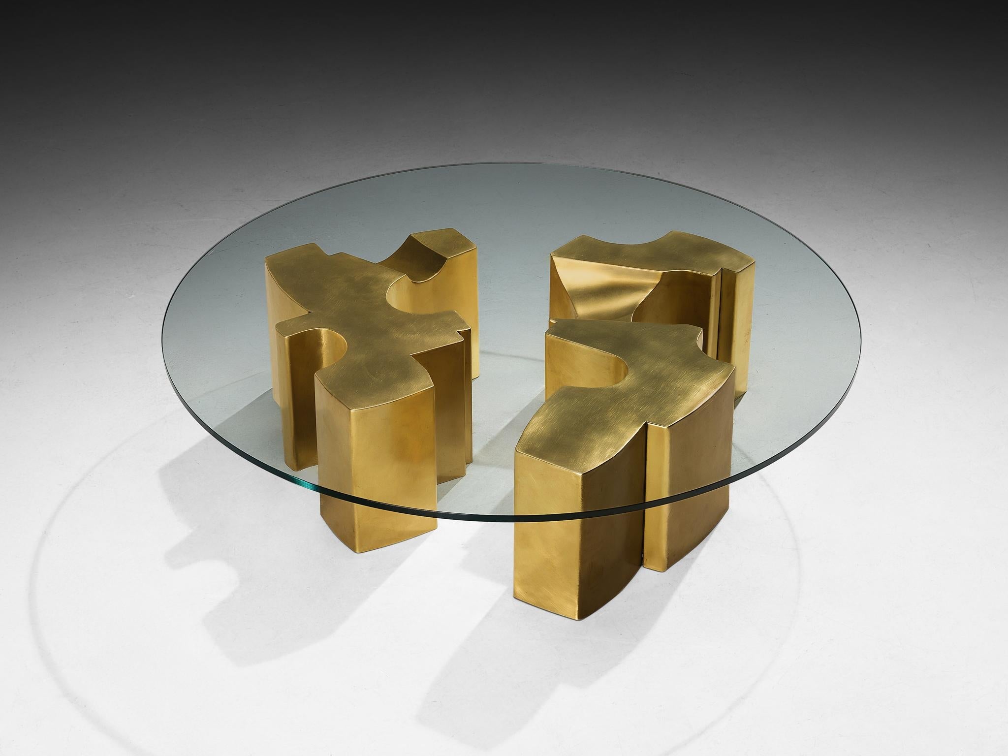 Jean Claude Dresse Coffee Table with Geometric Sculptural Base in Brass