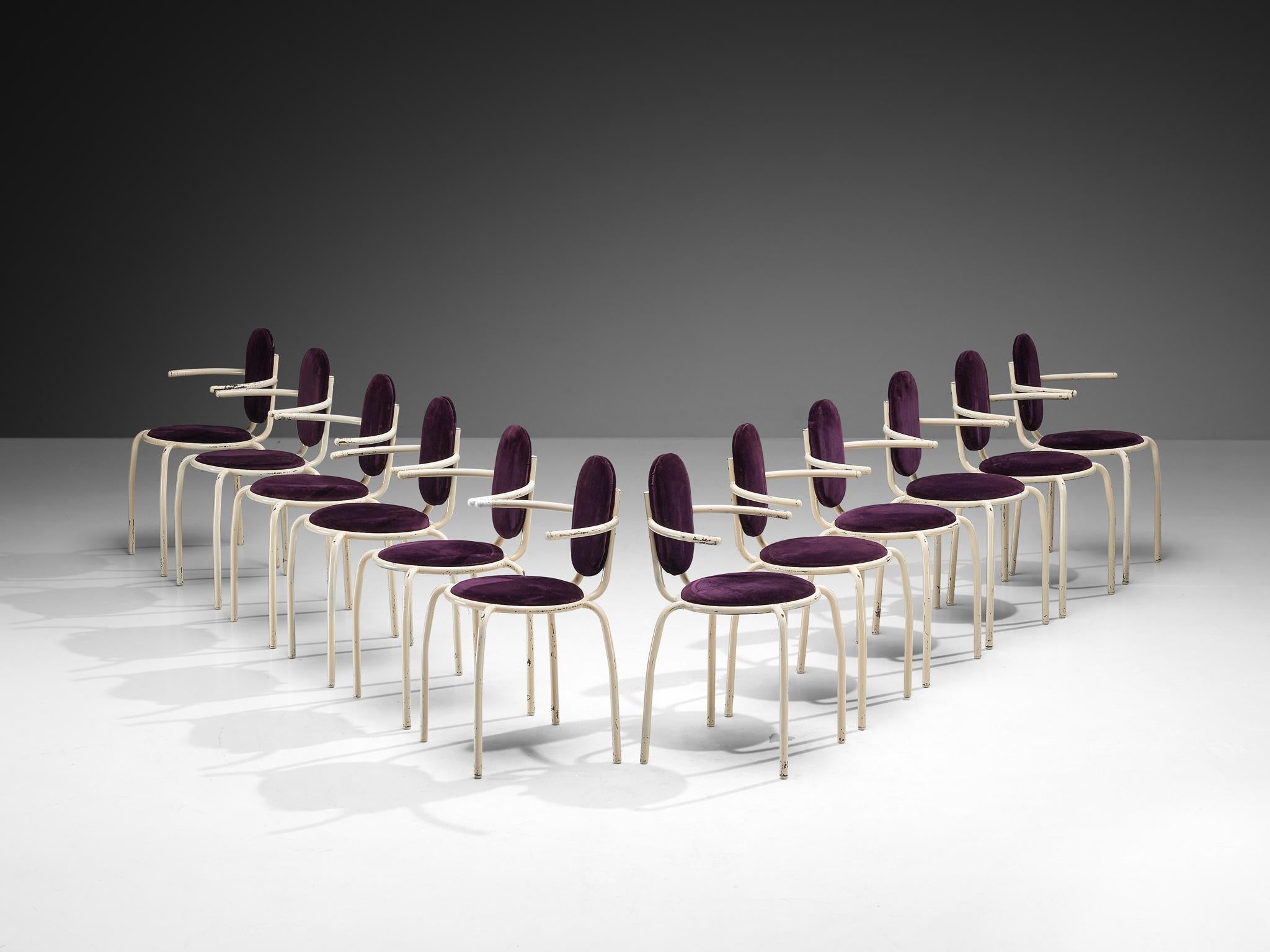 Italian Post-Modern Set of Twelve Armchairs in Purple Corduroy and Steel