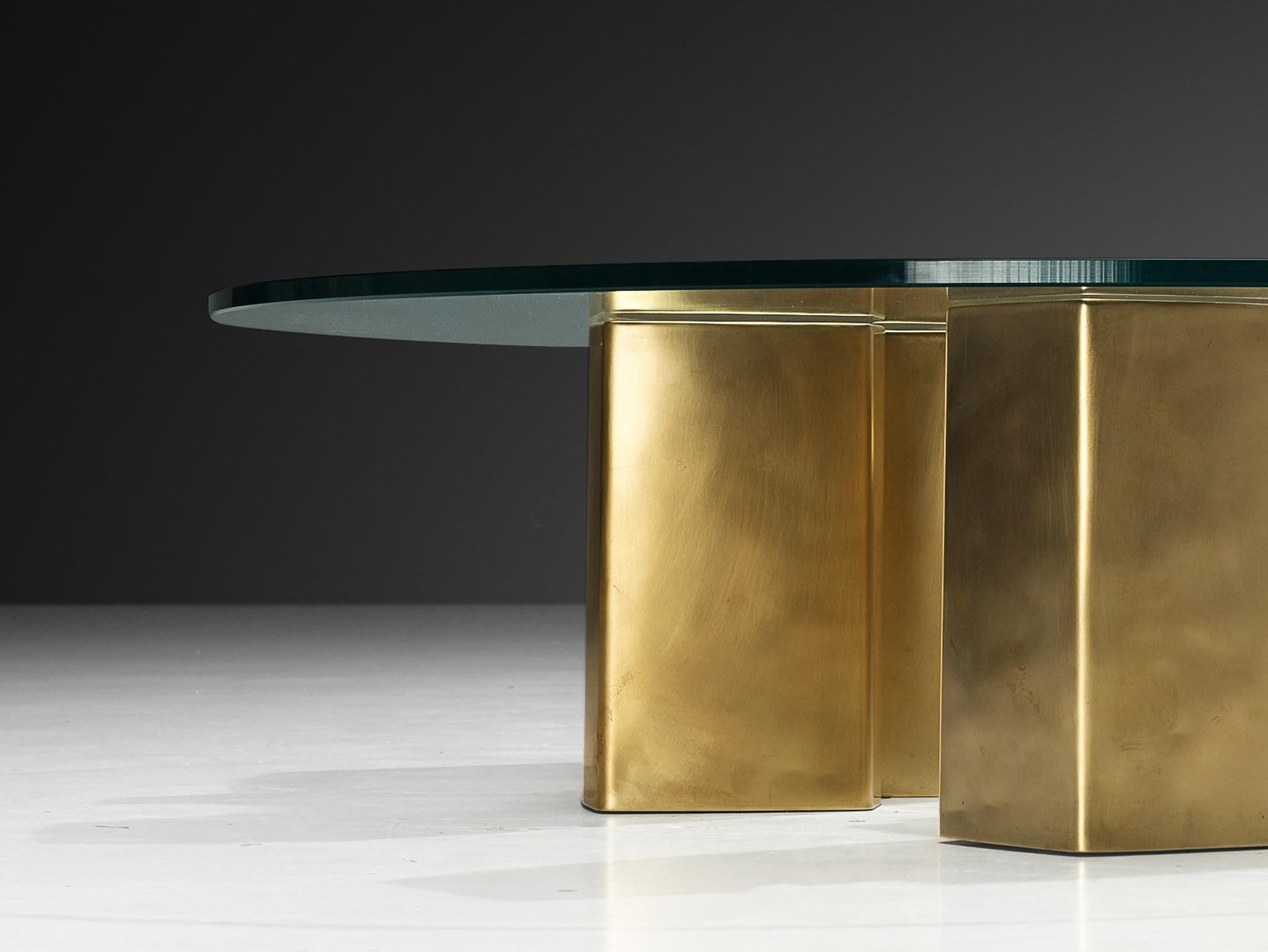 Jean Claude Dresse Coffee Table with Geometric Sculptural Base in Brass