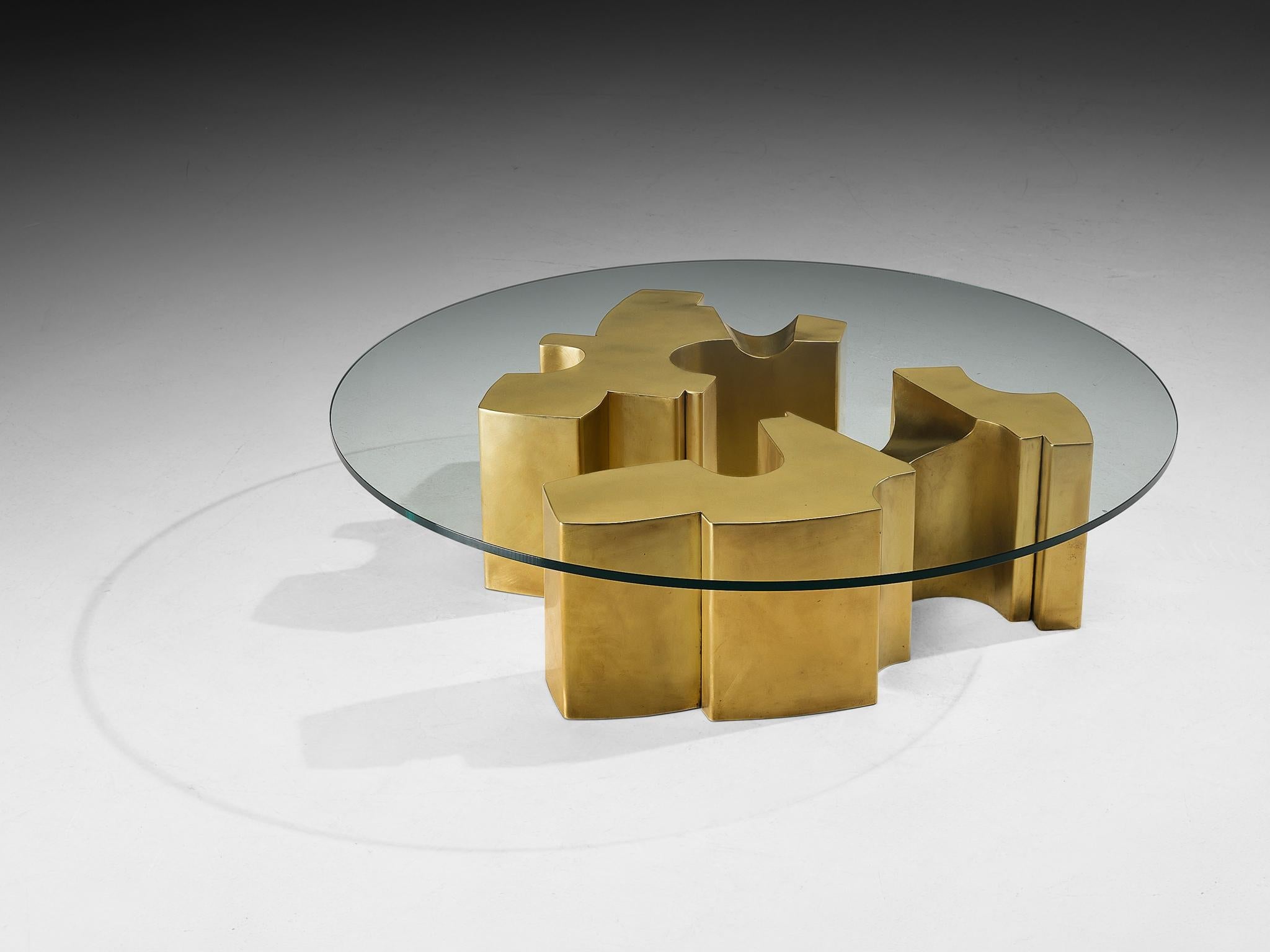 Jean Claude Dresse Coffee Table with Geometric Sculptural Base in Brass