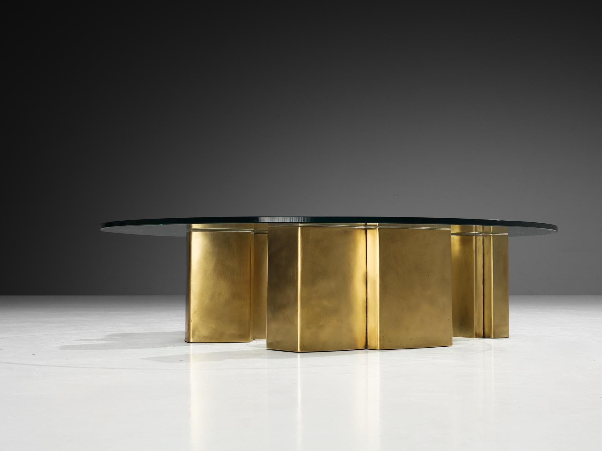 Jean Claude Dresse Coffee Table with Geometric Sculptural Base in Brass