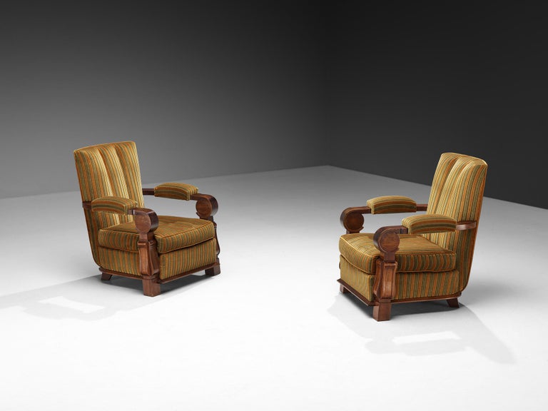 French Pair of Art Deco Lounge Chairs in Mahogany and Striped Fabric