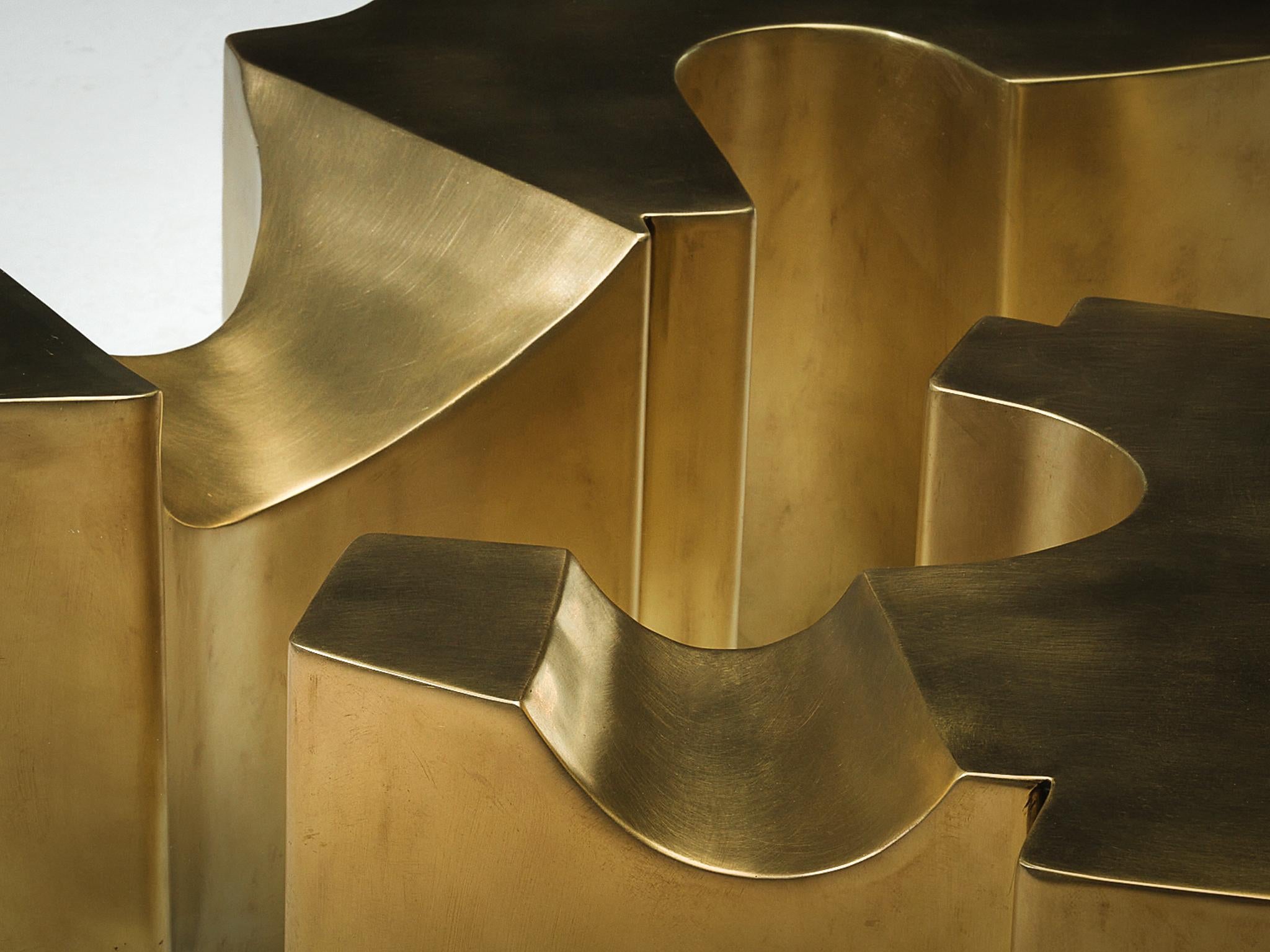 Jean Claude Dresse Coffee Table with Geometric Sculptural Base in Brass