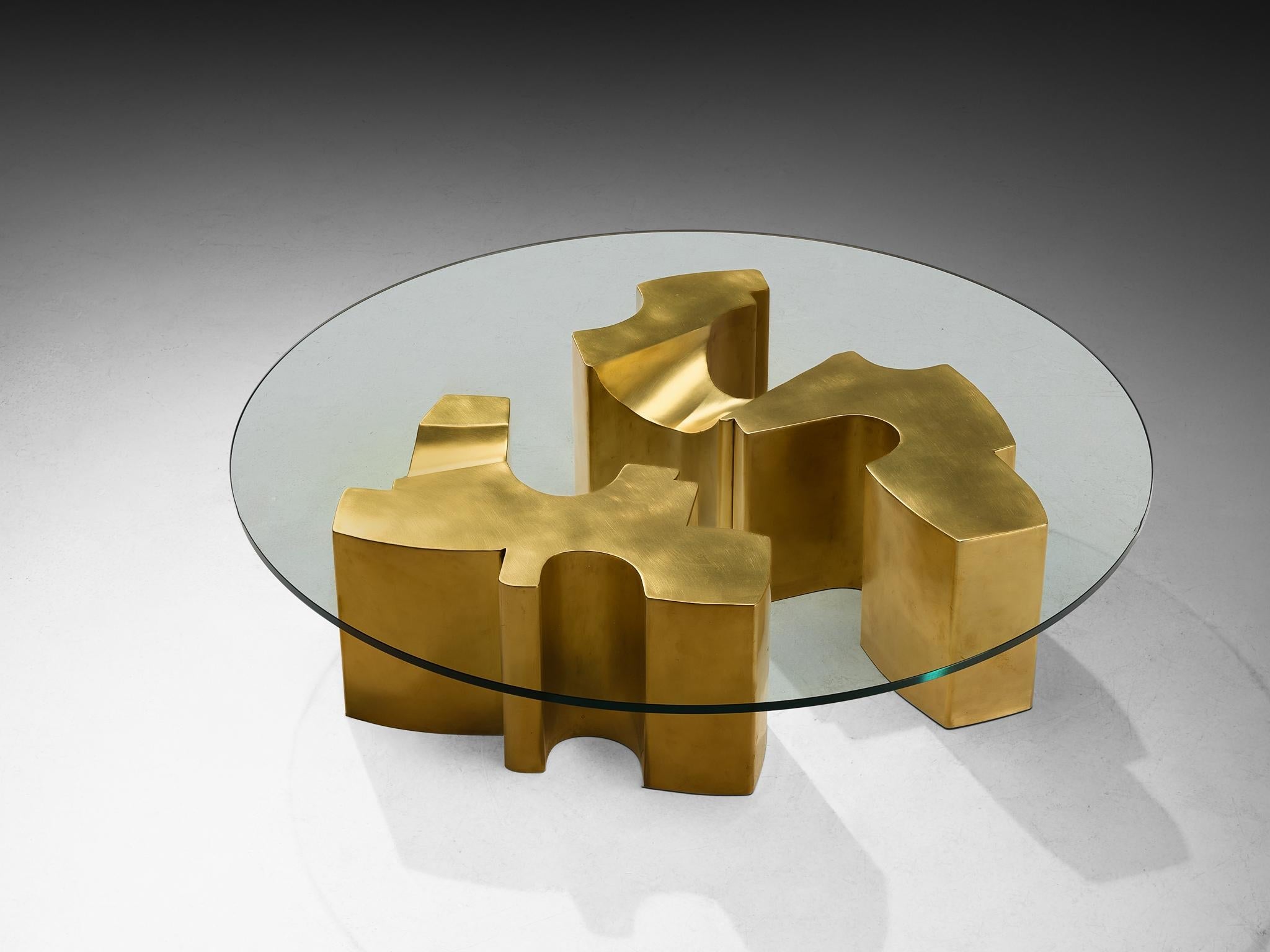 Jean Claude Dresse Coffee Table with Geometric Sculptural Base in Brass