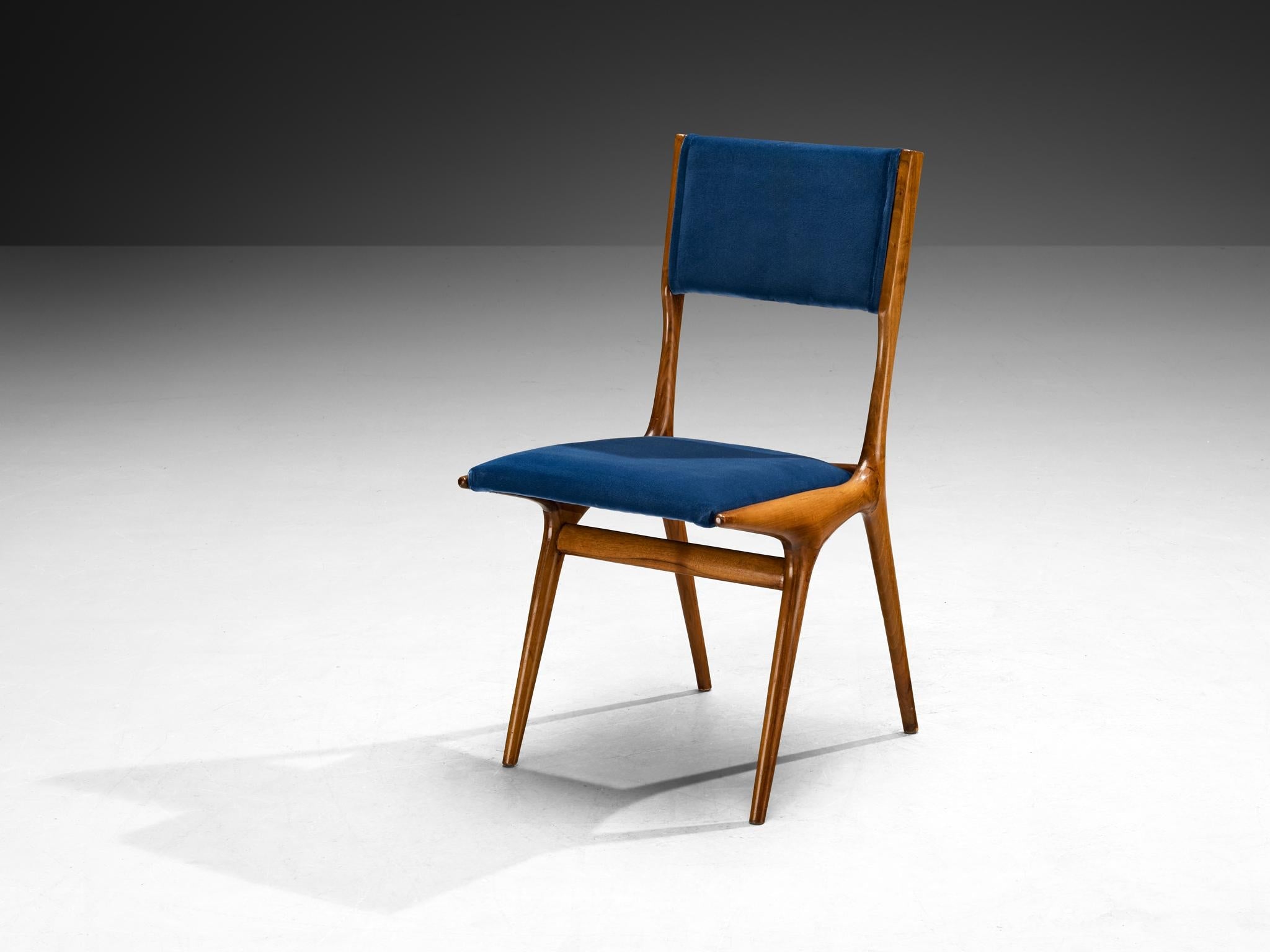 Carlo De Carli for Cassina '634' Dining Chairs Walnut and Blue Upholstery